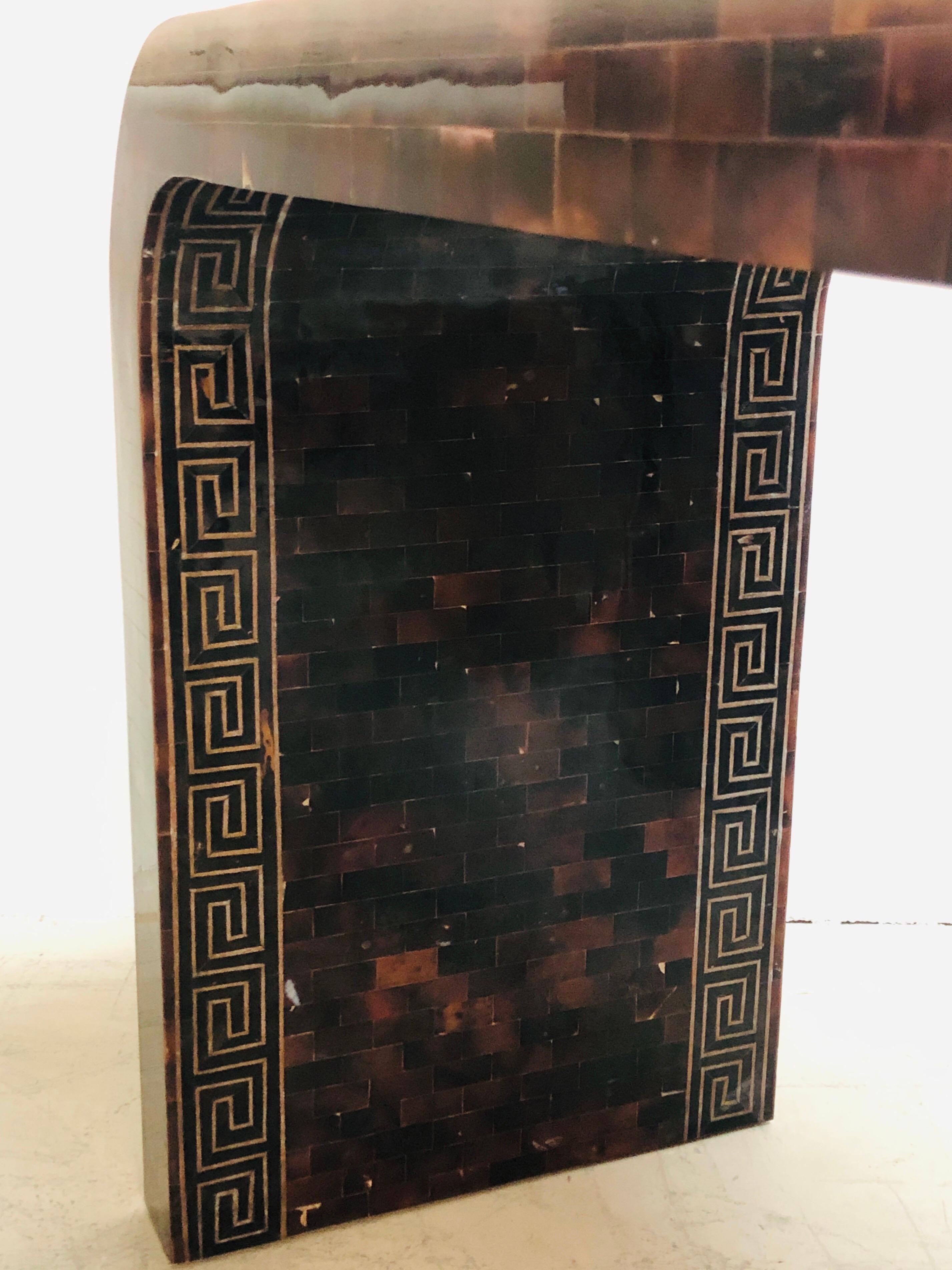 Waterfall Tessellated Horn  Brass Console with Inlaid Greek Key, 1980s For Sale 7