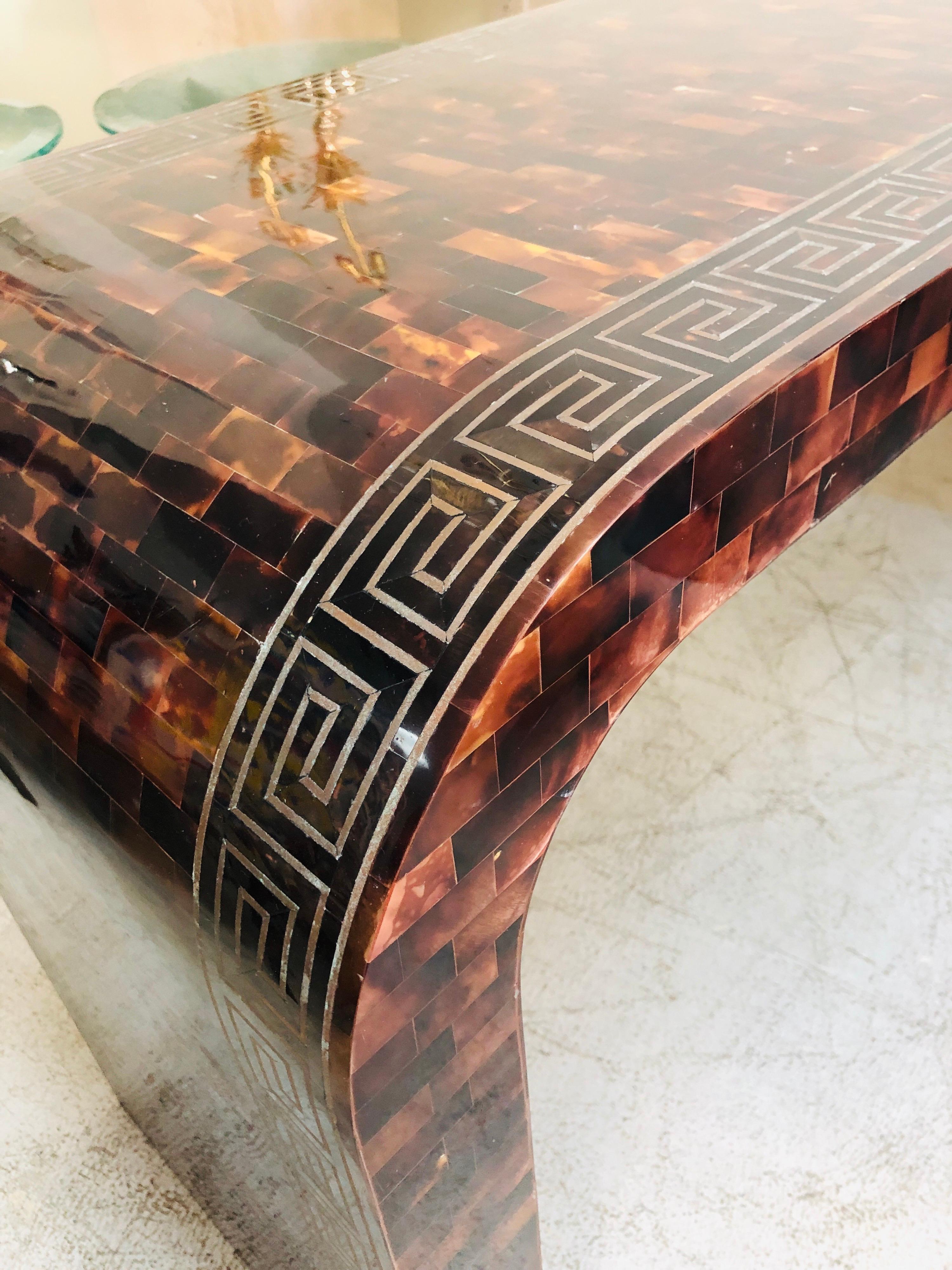 Waterfall Tessellated Horn  Brass Console with Inlaid Greek Key, 1980s For Sale 10