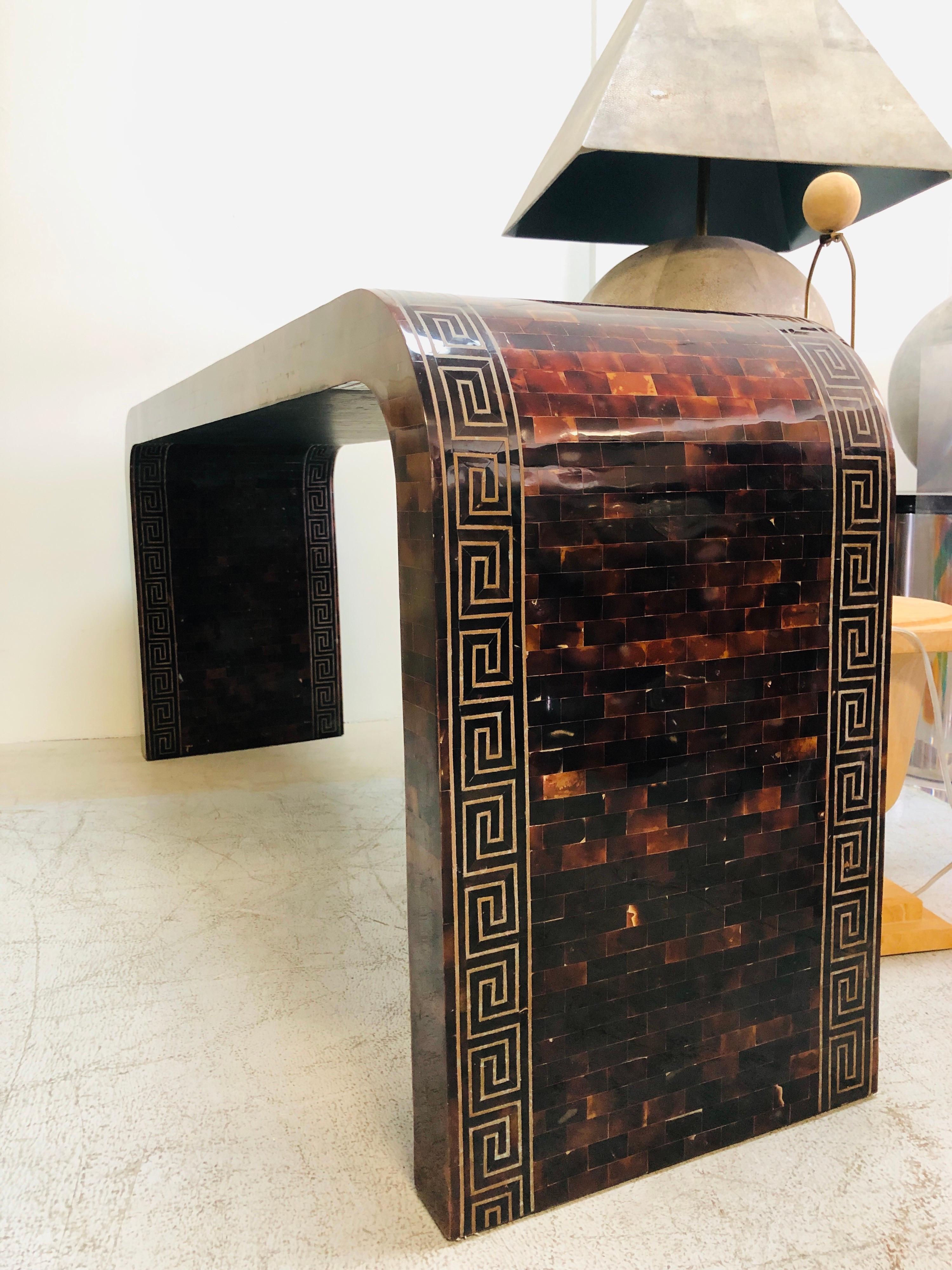 Inlay Waterfall Tessellated Horn  Brass Console with Inlaid Greek Key, 1980s For Sale