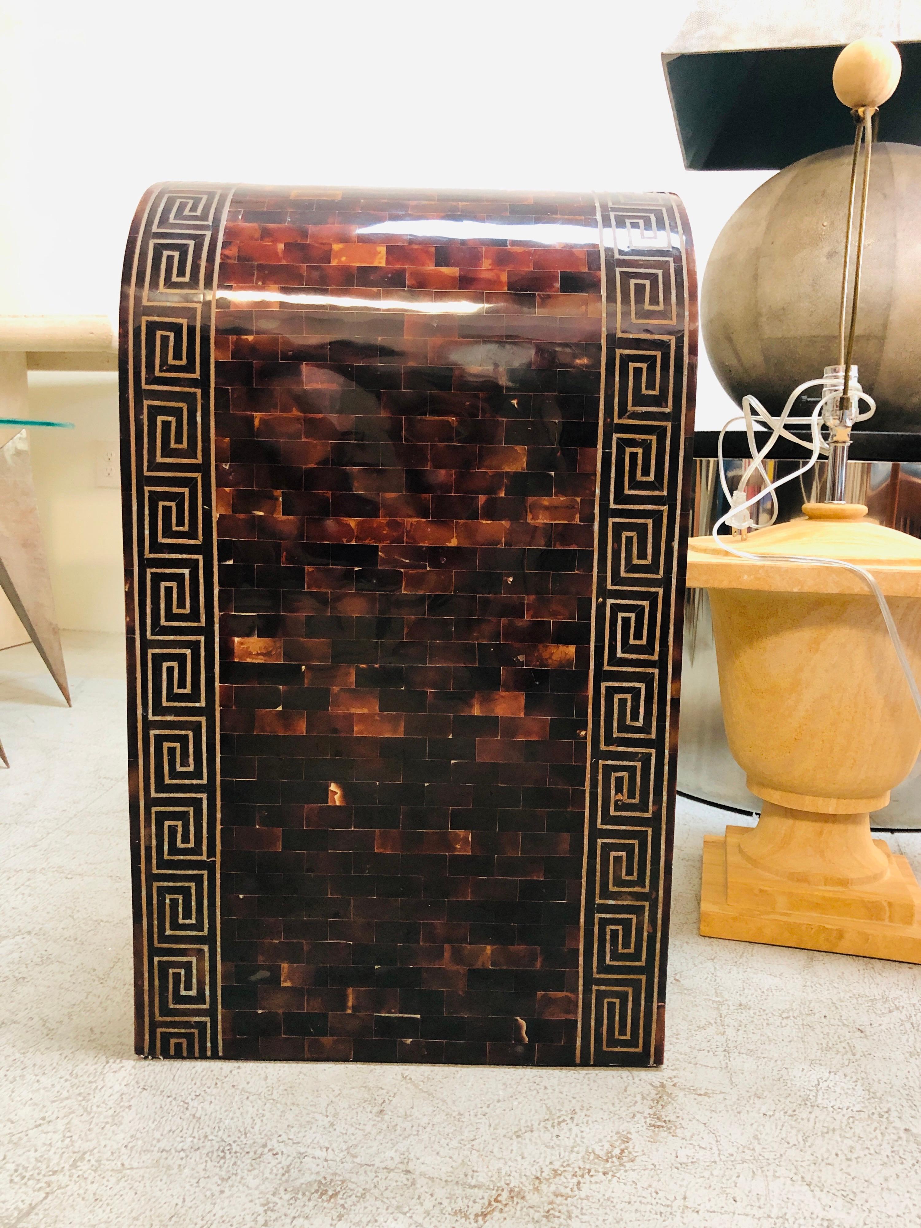 Waterfall Tessellated Horn  Brass Console with Inlaid Greek Key, 1980s In Good Condition For Sale In Miami, FL