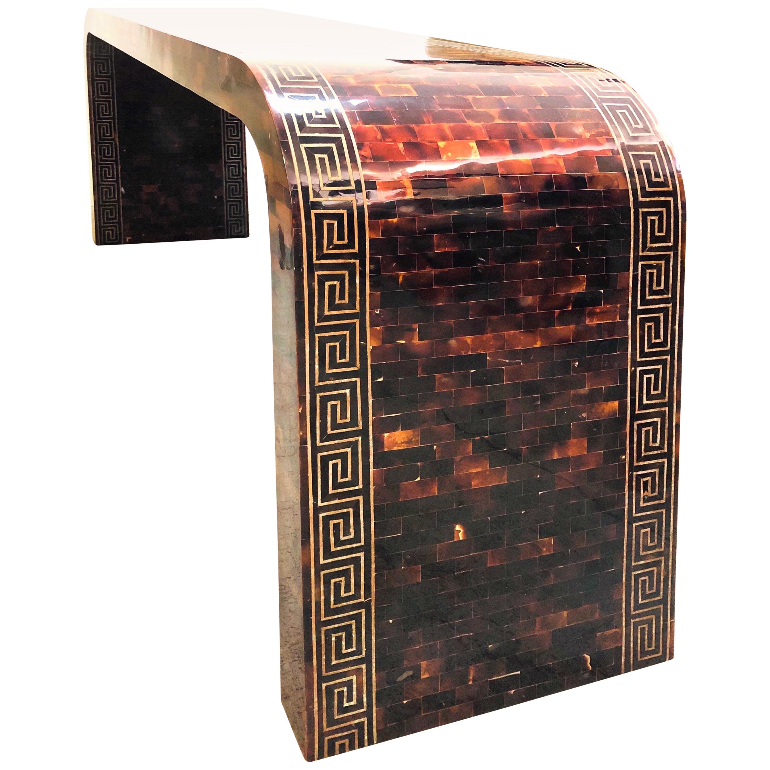 Waterfall Tessellated Horn  Brass Console with Inlaid Greek Key, 1980s