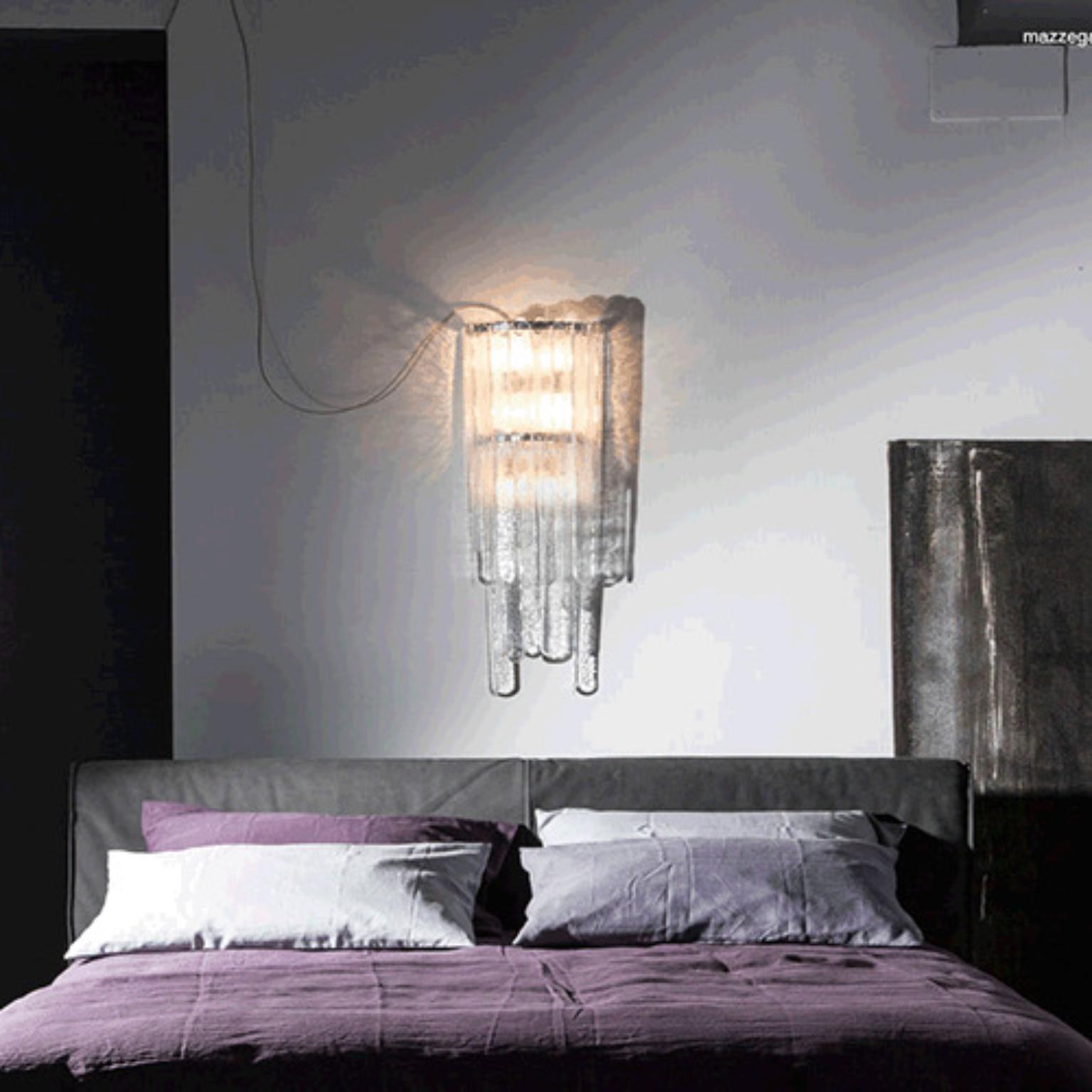 Lampada a sospensione Waterfall WATAPMH3 di Mazzega 1946
Dimensioni: L 33 x P 17 x H 85 cm.
Materiali: Telaio: Grigio. 
Diffusore: Cristallo trasparente.
Peso: 14 kg.

Le radici di Mazzega1946 affondano a Murano, terra di maestri vetrai che ancora