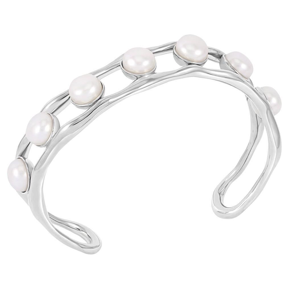 Waterfall White Freshwater Pearl Chunky Bangle In Sterling Silver
