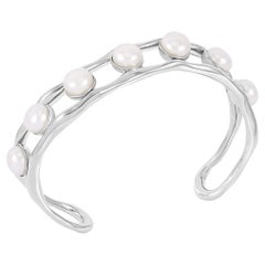 Waterfall White Freshwater Pearl Chunky Bangle In Sterling Silver