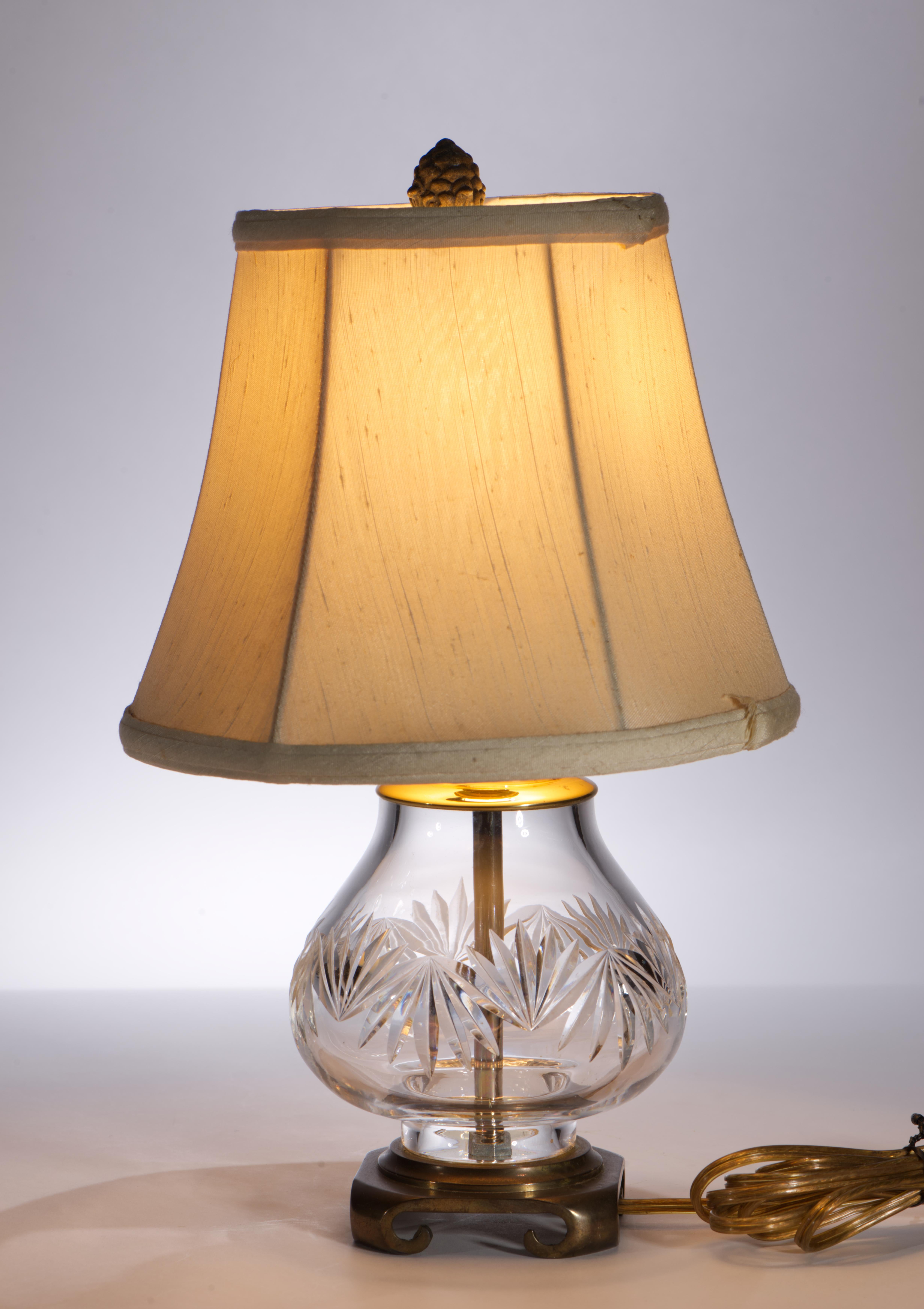 Irish Waterford Crystal Accent Table Lamp Brass Base Silk Shade, 1960s-1970s For Sale