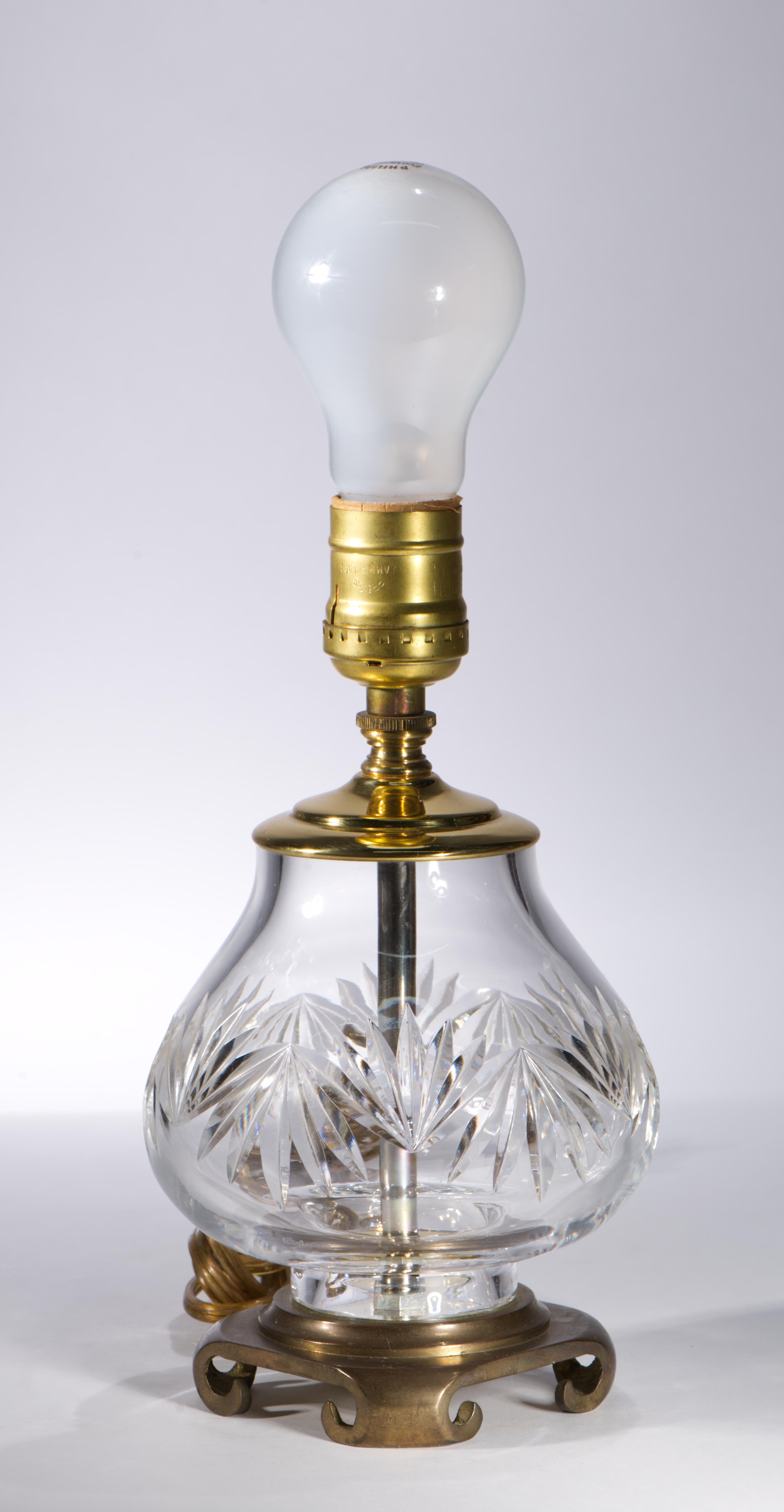 Hand-Crafted Waterford Crystal Accent Table Lamp Brass Base Silk Shade, 1960s-1970s For Sale