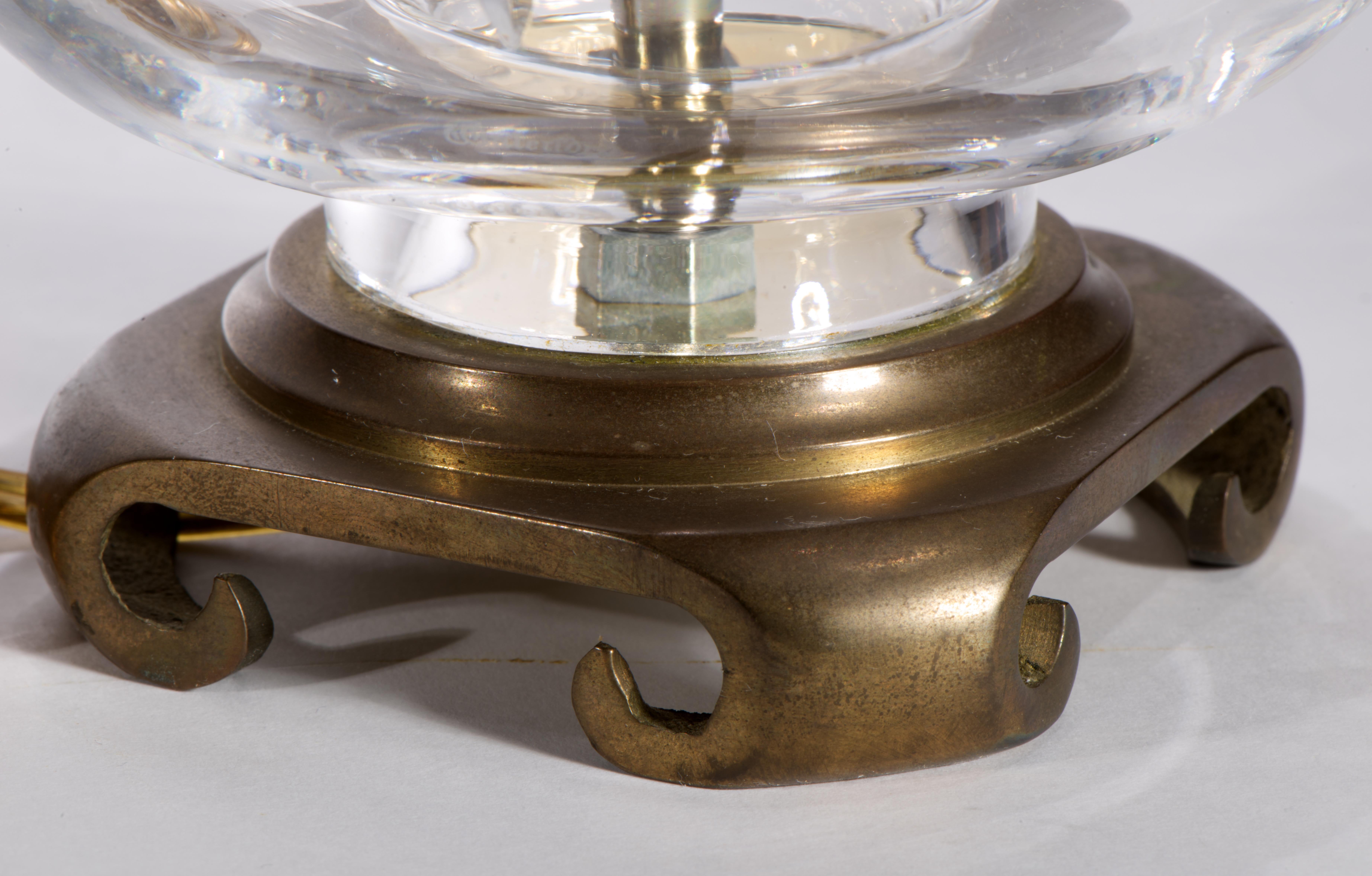 20th Century Waterford Crystal Accent Table Lamp Brass Base Silk Shade, 1960s-1970s For Sale