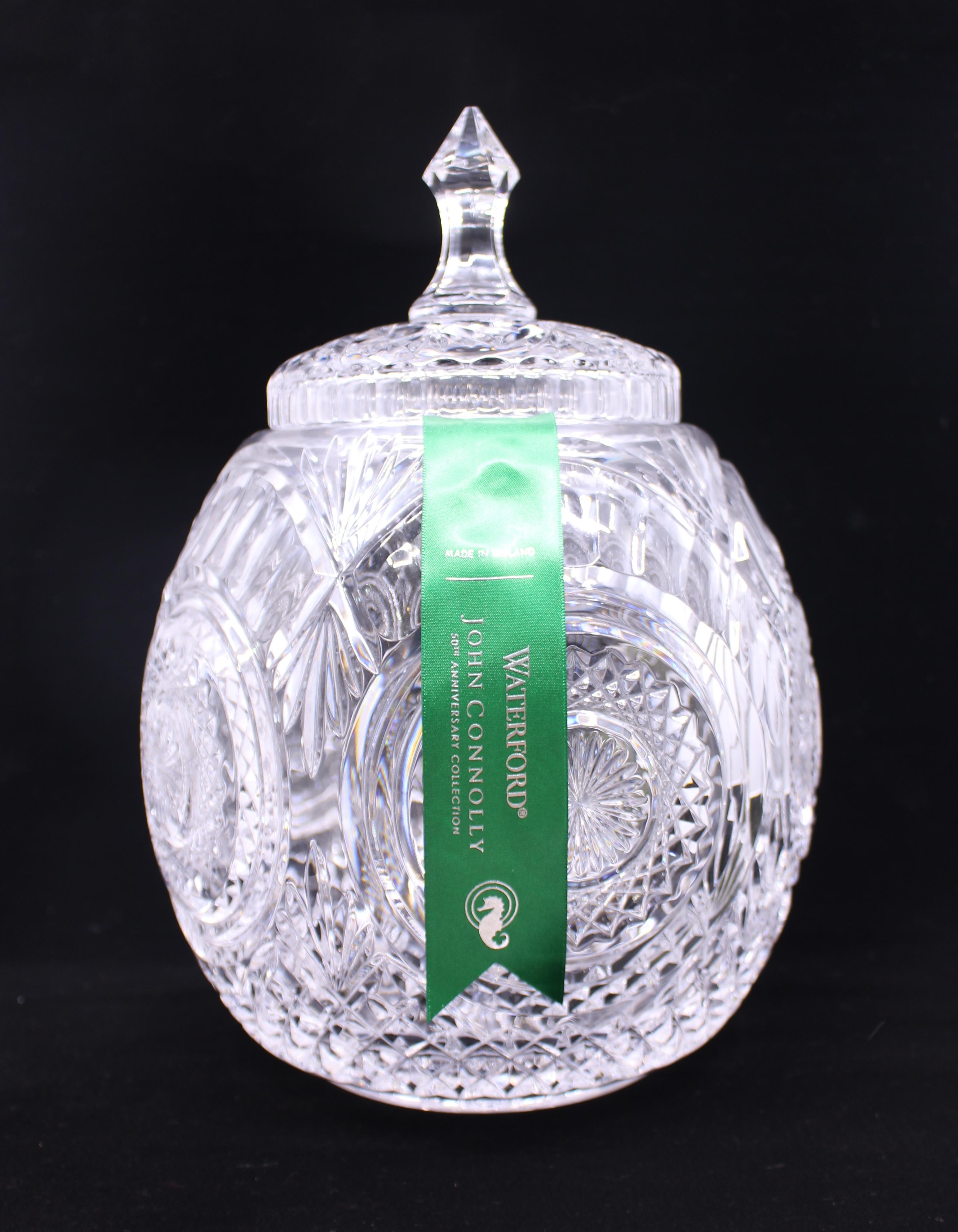 Maker 
House of Waterford, Ireland

Name 
Caroline 13 inch Cookie Jar

Ltd Edition 
Number 94 of a limited edition of 150. Produced as part of the John Connolly 50th Anniversary Collection

Condition 
Very good condition. No chips, cracks