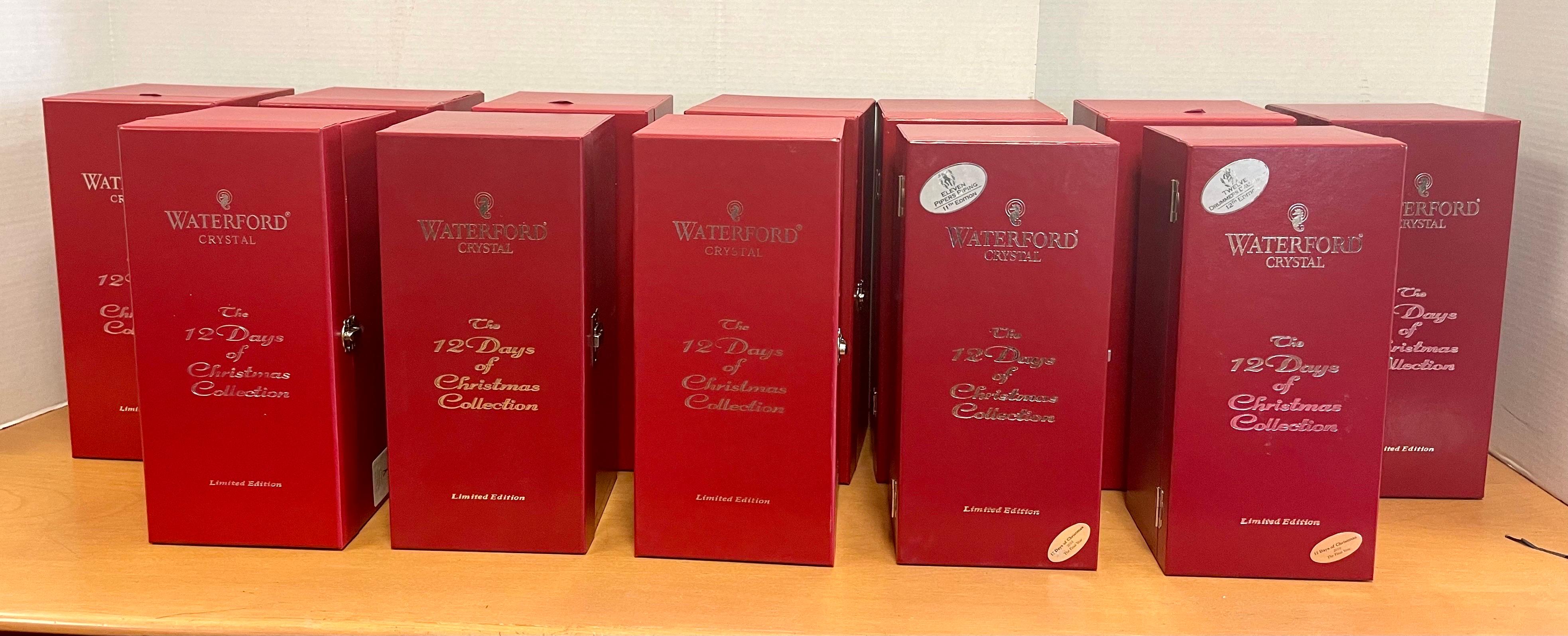 Rare and sought after Waterford 12 Days of Christmas collectors set where each flute comes with its own custom box with all Waterford hallmarks.  Each also comes with its own silver plated charm in a satchel, and are still sealed in plastic baggies.