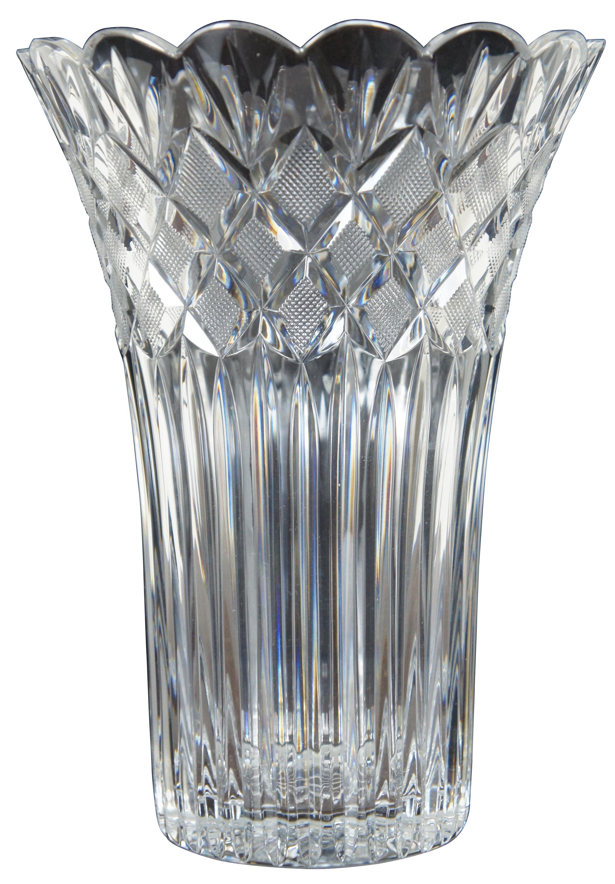 Waterford cut crystal Romance of Ireland collection Irish lace patterned centerpiece vase with scalloped edge and flared mouth. Includes original box. Measures: 10”.
  