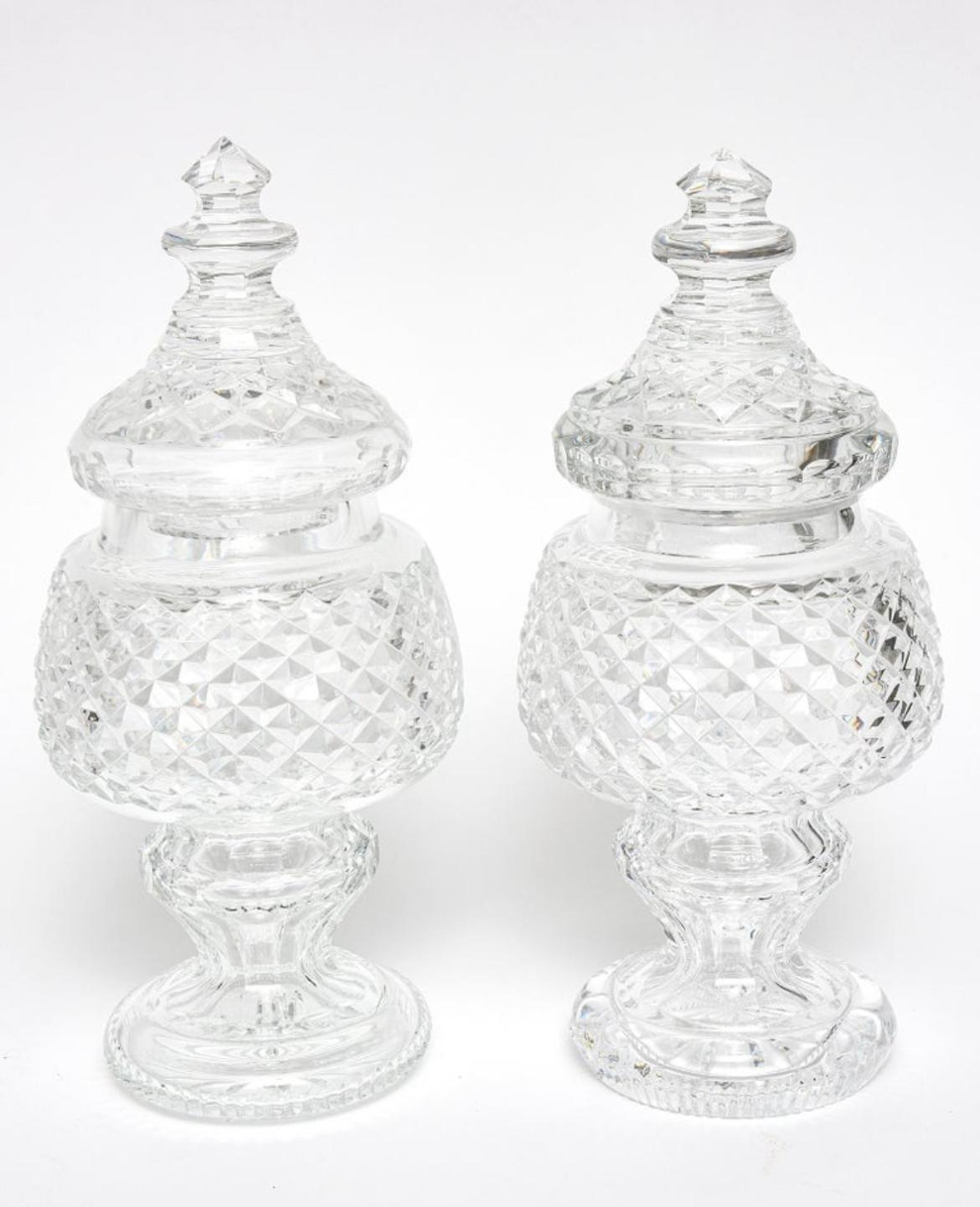 Pair of Waterford cut glass lead crystal horse racing lidded jars apothecary jar trophies.  Each are engraved an signed on the bottom.  Engravings are listed below.  They would look amazing on a holiday table.  
Both are in great condition.

1.
