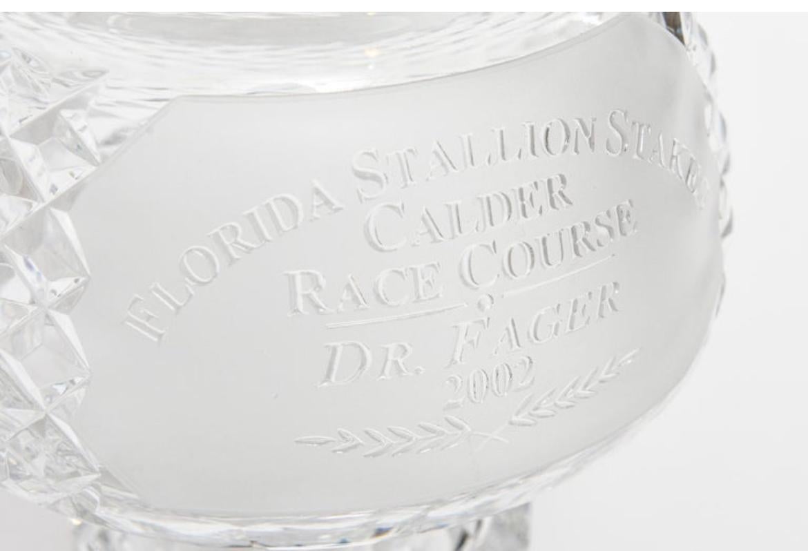Northern Irish Waterford Cut Crystal Horse Racing Trophy Covered Apothecary Jars Trophy  Pair For Sale