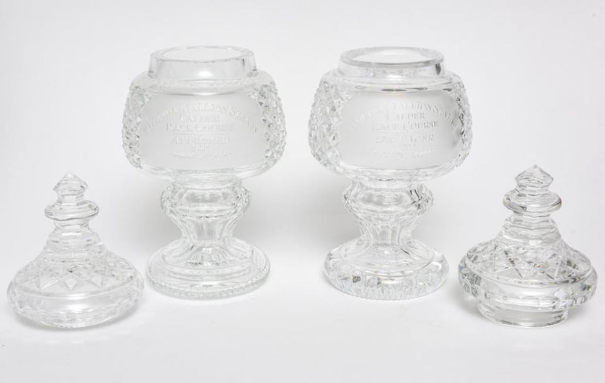 Contemporary Waterford Cut Crystal Horse Racing Trophy Covered Apothecary Jars Trophy  Pair For Sale