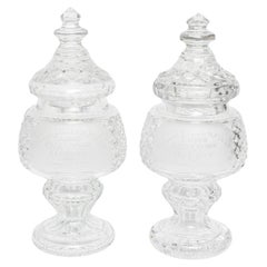 Waterford Cut Crystal Horse Racing Trophy Covered Apothecary Jars Trophy  Pair