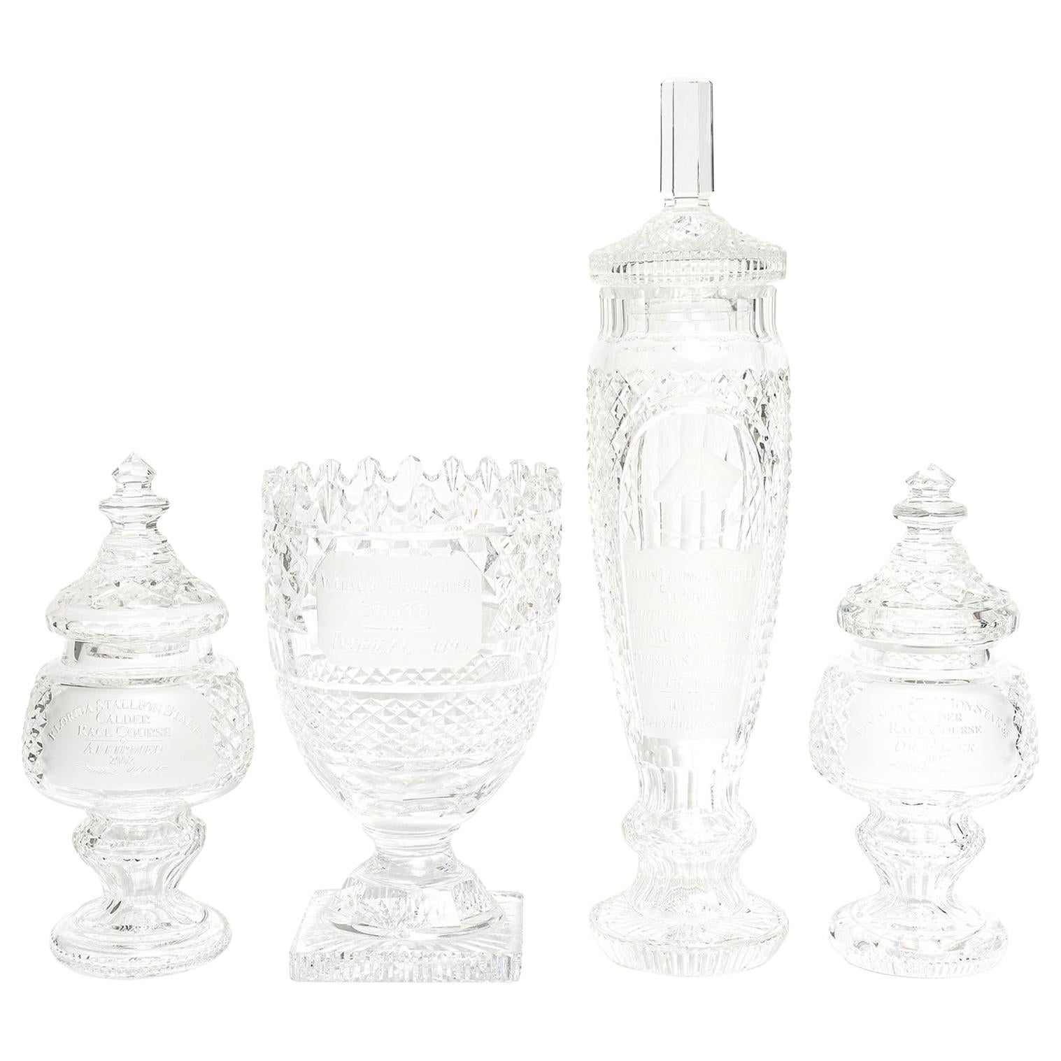 Waterford Cut Crystal Horse Racing Vase and Jar Trophy Awards Group of 4