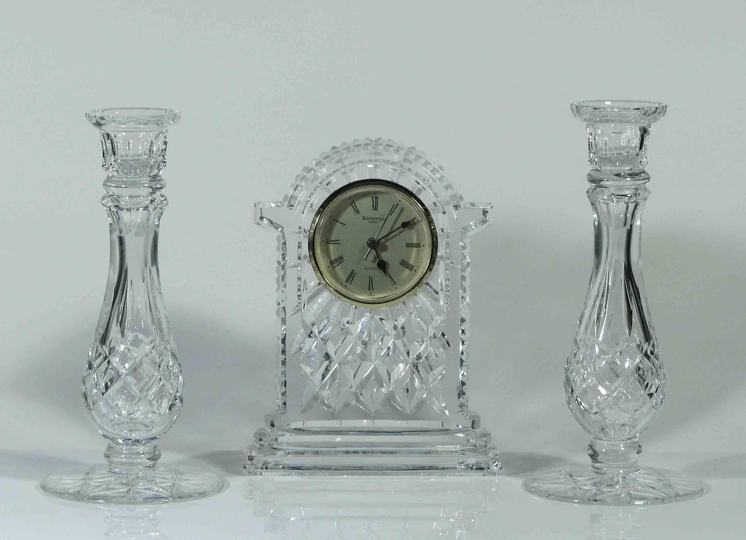 International Style Waterford Cut Glass Mantle Clock and Garniture