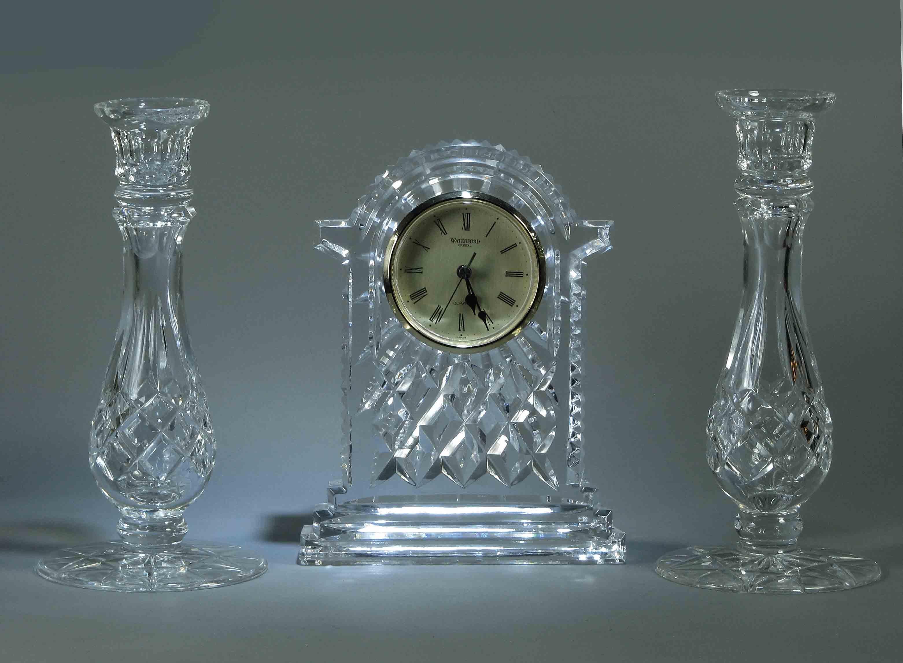 Irish Waterford Cut Glass Mantle Clock and Garniture