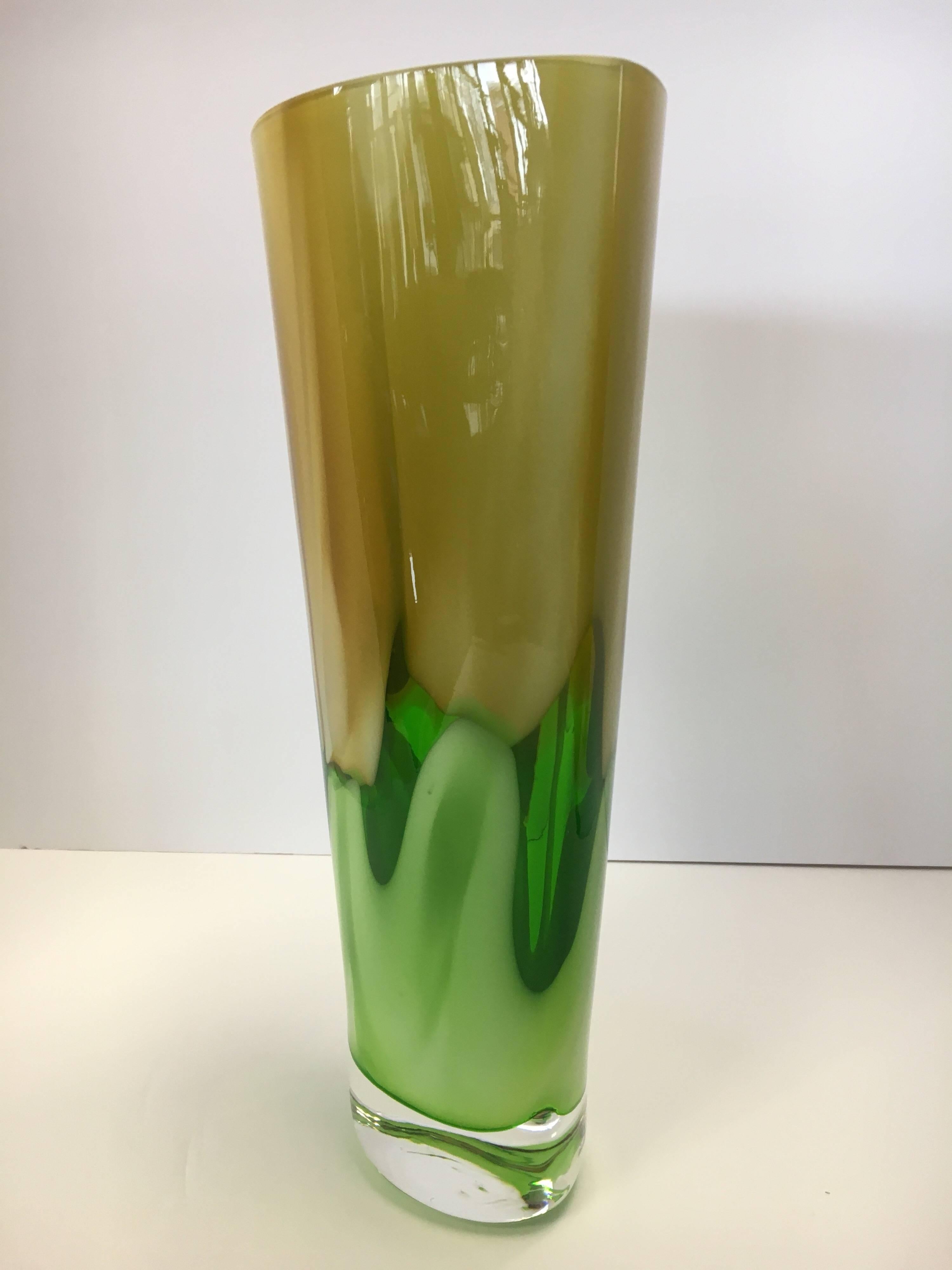 Stunning signed Waterford Evolution sculptural vase with mod colors throughout.