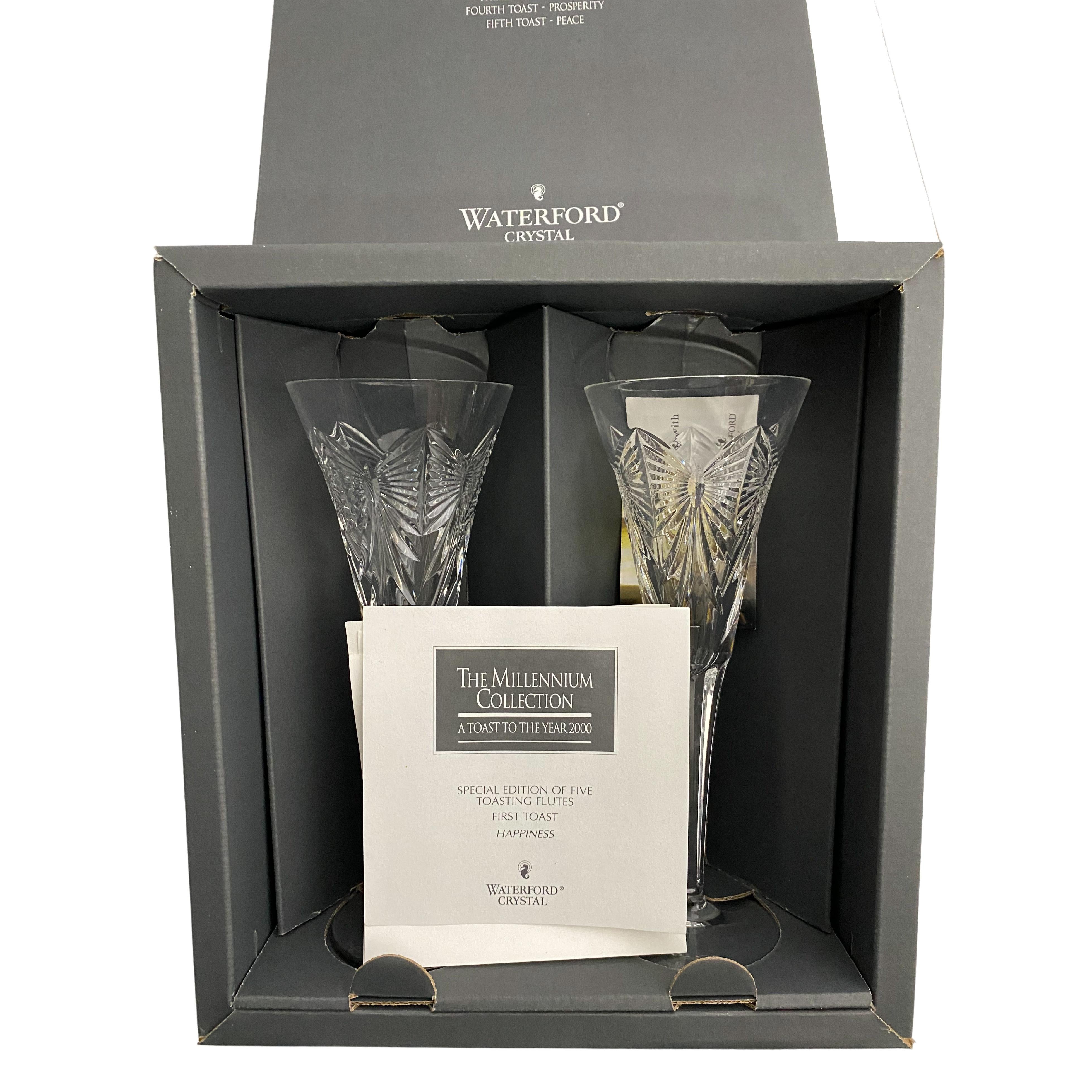 The Millennium Collection from Waterford.
Gorgeous crystal. Made in Germany.
We have all 5 varieties, 2 boxes of each. 
All NEW IN BOX, never used.  
Photos are taken from actual items.
HAPPINESS - LOVE - HEALTH - PROSPERITY - PEACE
Each set is