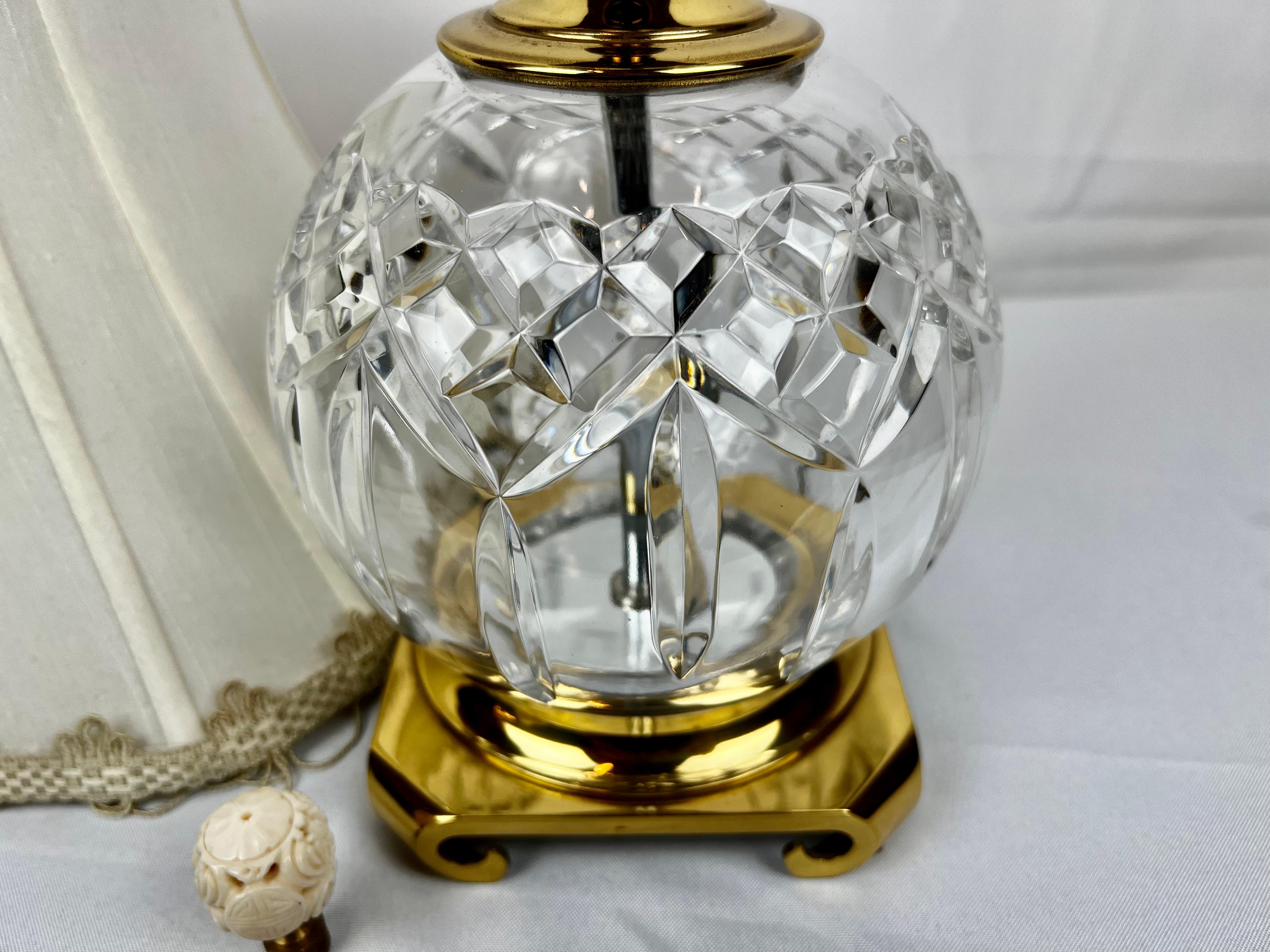 Waterford “Lismore” Round Cut Crystal Table Lamp-Customized Shade, Brass Base For Sale 1