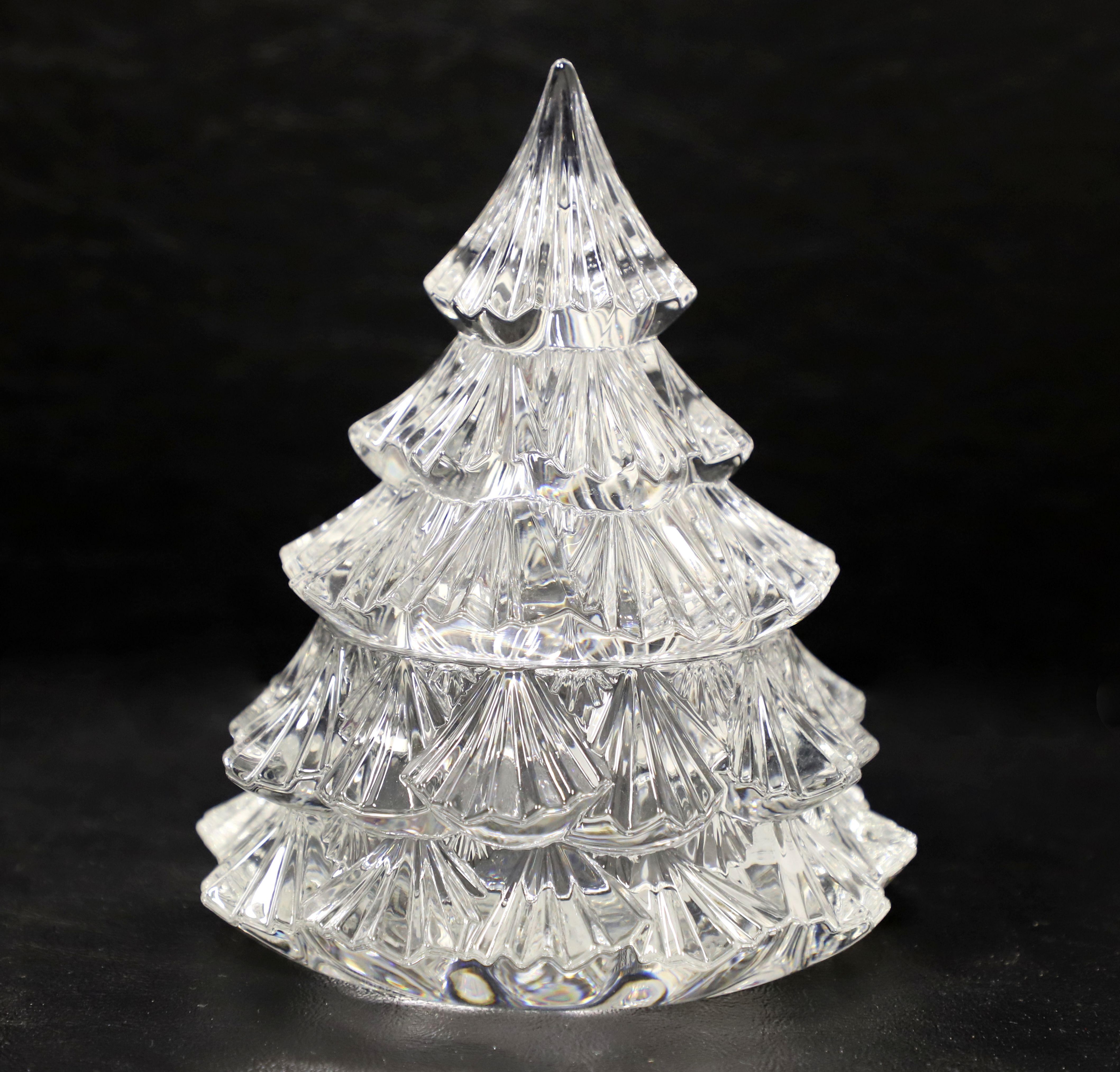 An Early 21st Century Christmas Tree candy dish by Marquis by Waterford. New in open box, not previously used. Clear crystal with a Christmas Tree design that opens in the center. Etched on bottom 
