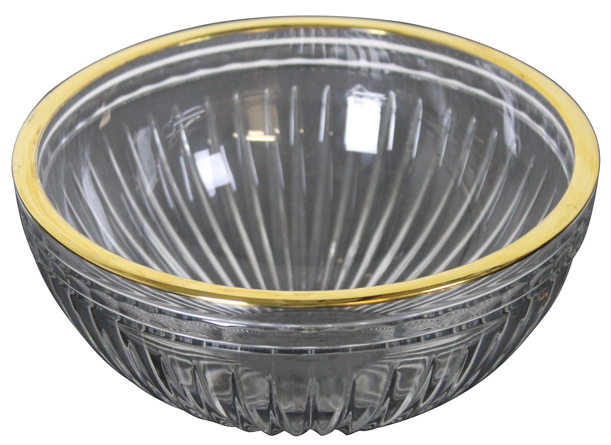 Vintage Hanover Marquis pattern bowl by Waterford. Features a gold rim and vertical cut. Marquis crystal is manufactured by the Waterford Crystal Company in Waterford, Ireland, and also in Germany and Slovenia. The Hanover gold pattern is a pattern