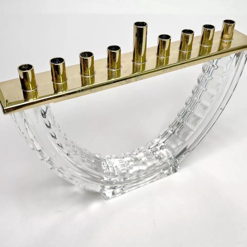 Neoclassical Waterford Menorah Crystal Glass and Polished Brass Hanukkah Judaica