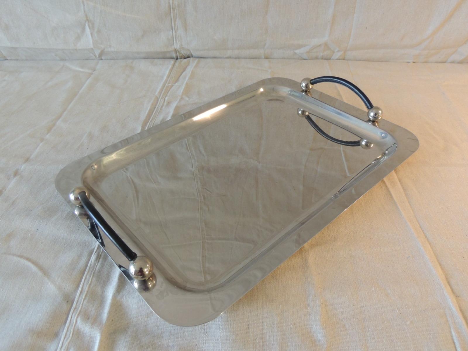 Mid-Century Modern Waterford Polish Stainless Rectangular Serving Tray with Leather Handles