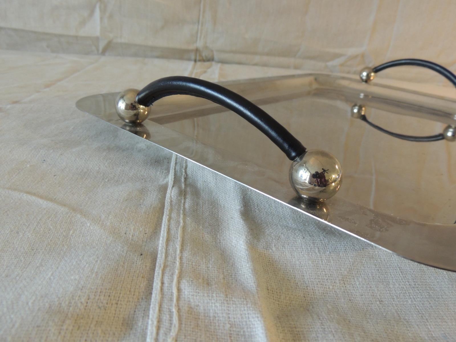 Northern Irish Waterford Polish Stainless Rectangular Serving Tray with Leather Handles
