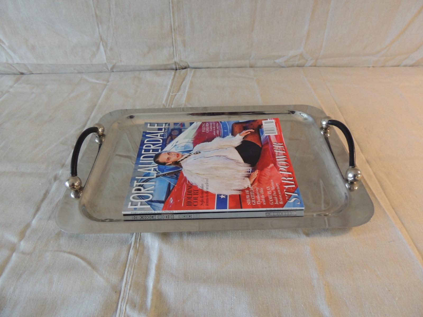 Waterford Polish Stainless Rectangular Serving Tray with Leather Handles In Good Condition In Oakland Park, FL