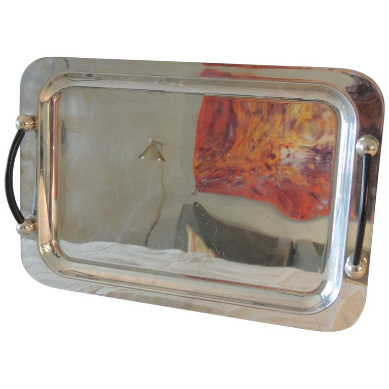 Waterford Polish Stainless Rectangular Serving Tray with Leather