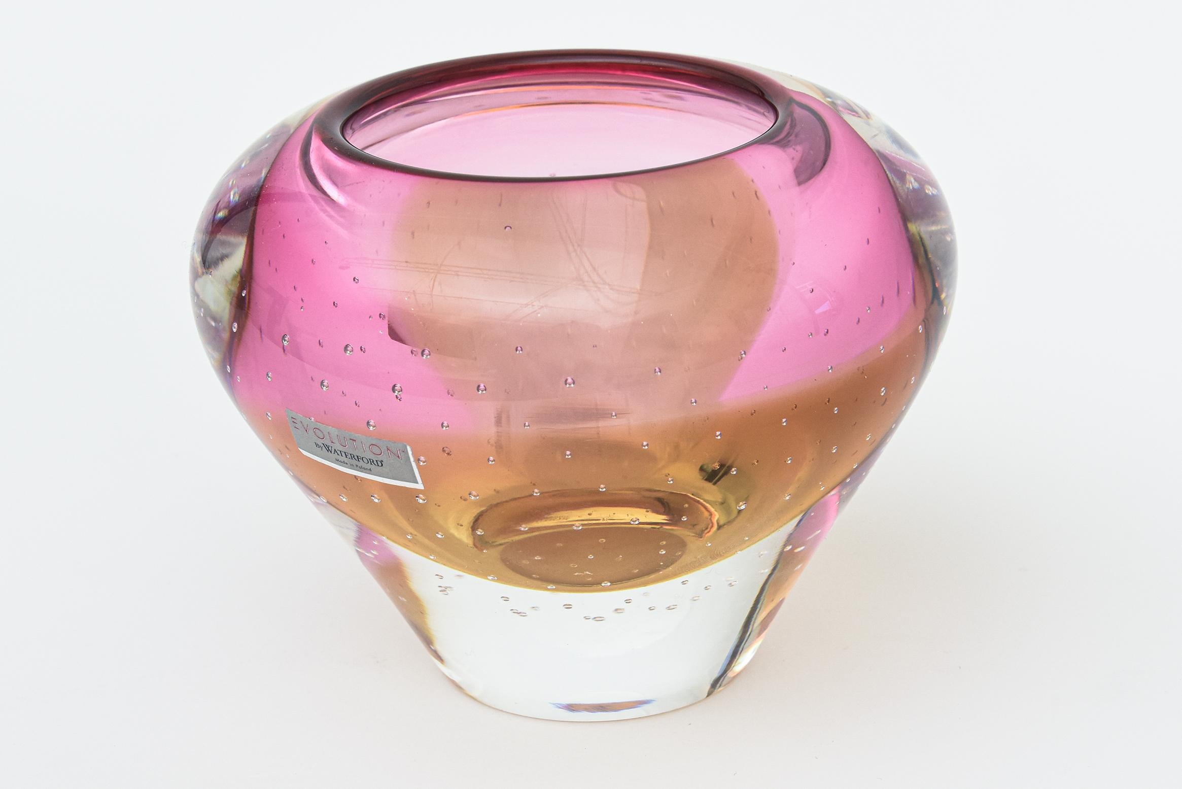 Polish Waterford Signed Evolution Crystal Glass Vase With Bullecante Pink, Amber, Clear For Sale