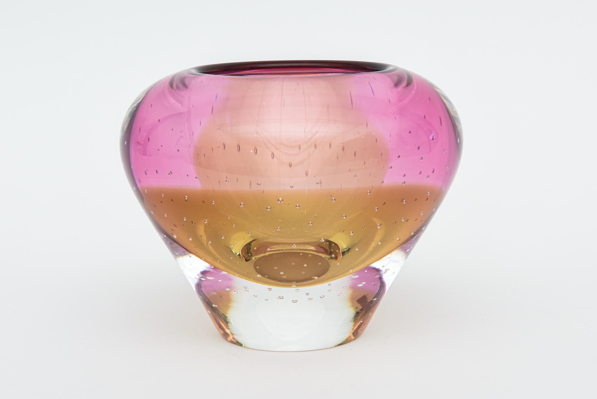 Late 20th Century Waterford Signed Evolution Crystal Glass Vase With Bullecante Pink, Amber, Clear For Sale
