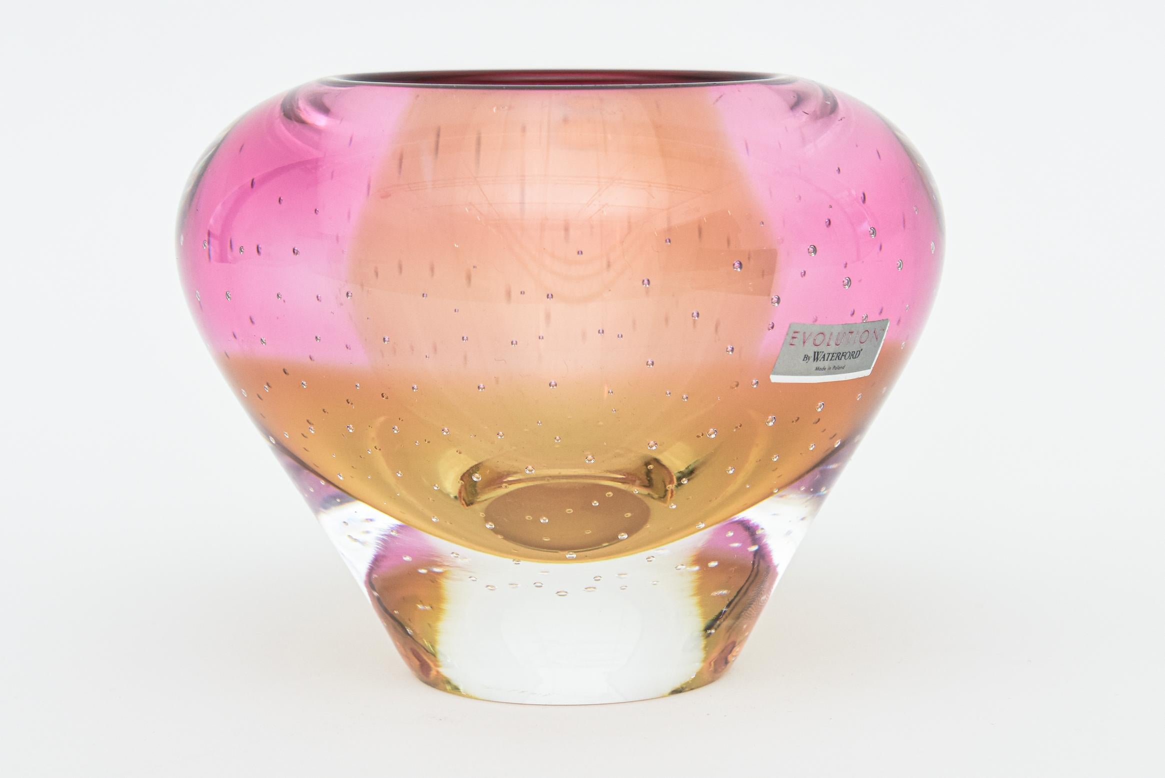 Waterford Signed Evolution Crystal Glass Vase With Bullecante Pink, Amber, Clear For Sale 1