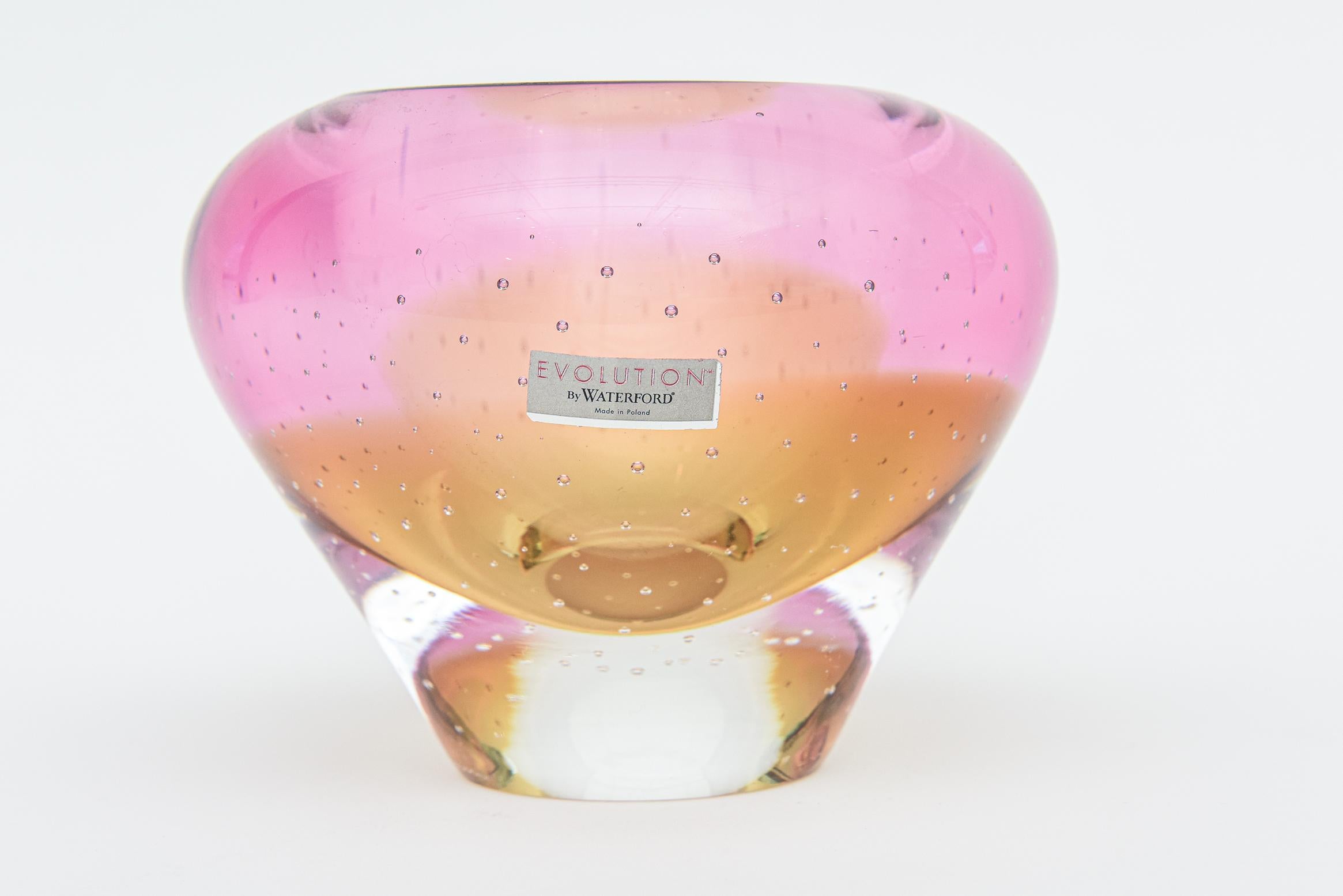Waterford Signed Evolution Crystal Glass Vase With Bullecante Pink, Amber, Clear For Sale 3