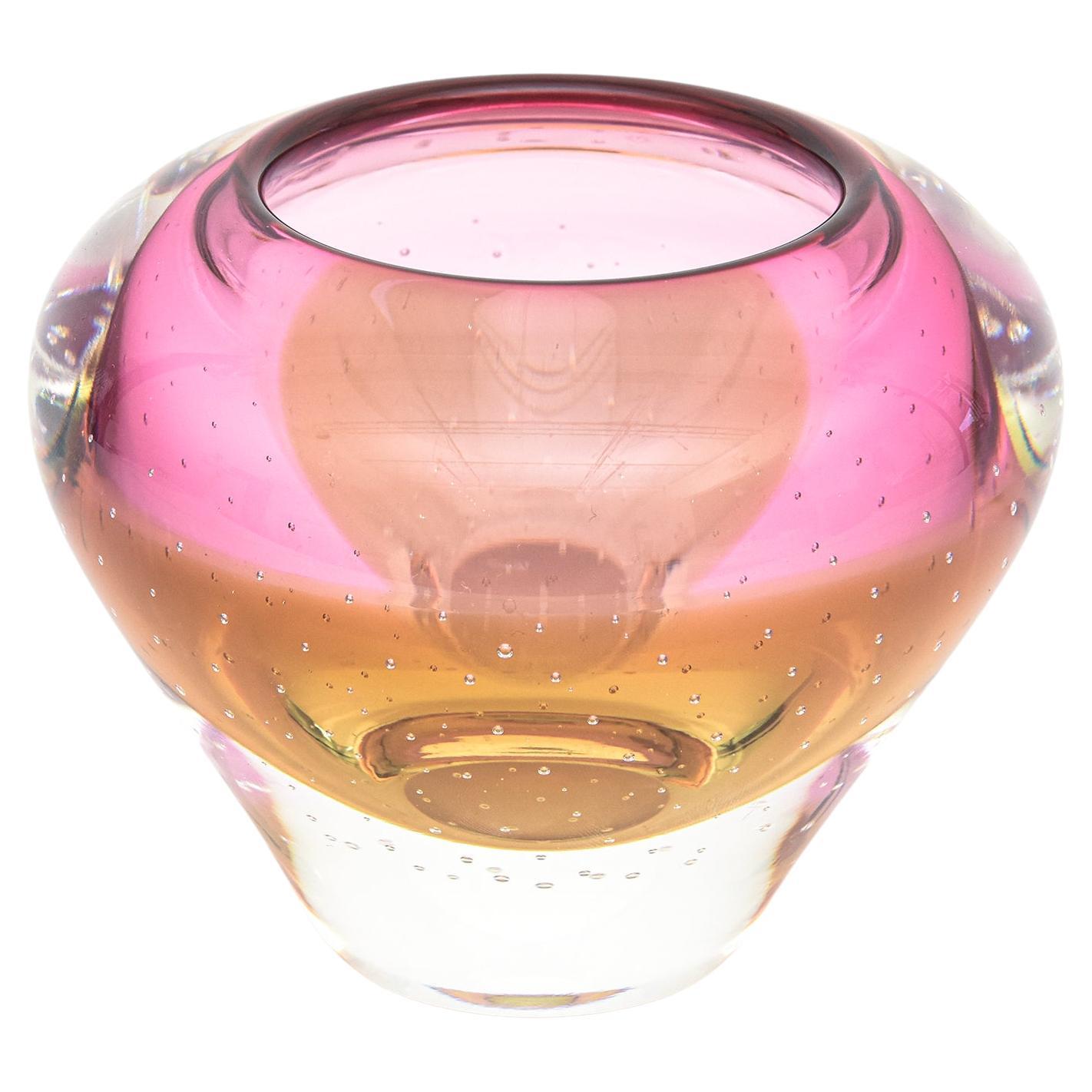 Waterford Signed Evolution Crystal Glass Vase With Bullecante Pink, Amber, Clear For Sale