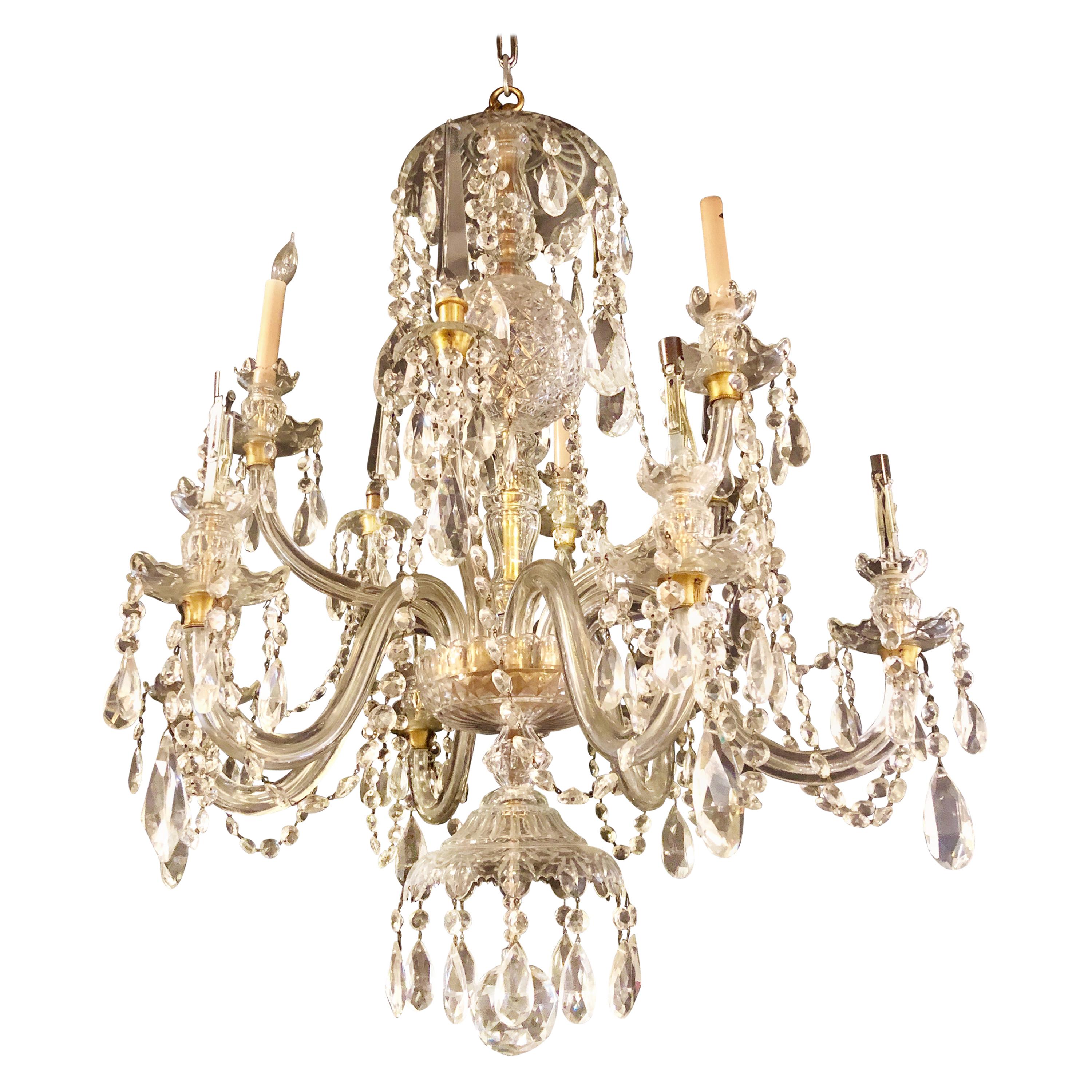 Waterford Style 1940 Cut Crystal Chandelier with Palatial Center Column Sphere