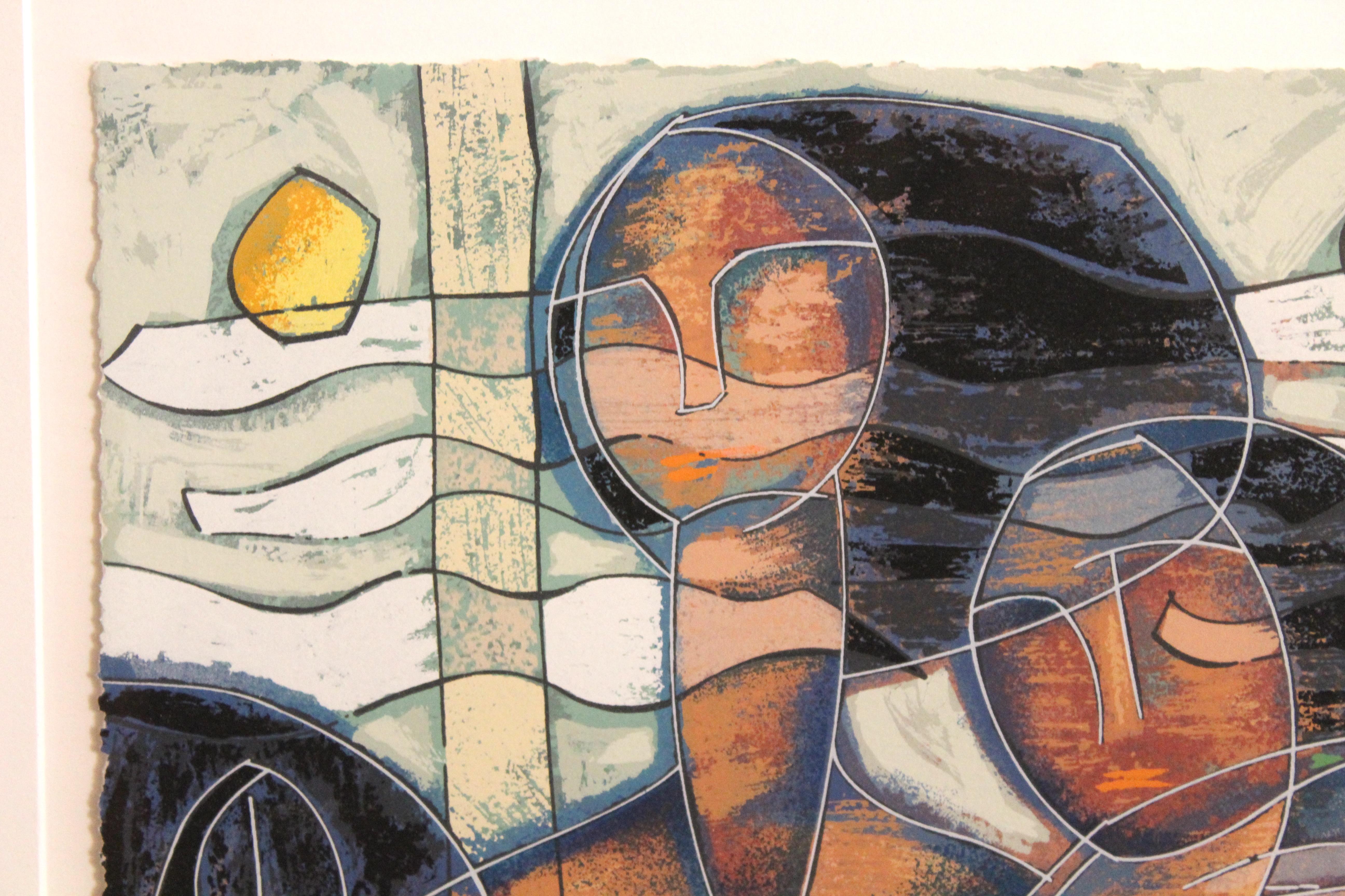 This serigraph, or silkscreen print is signed and numbered by He Neng, born 1942 in China. Titled 'Waterfront' and featuring women surrounded by sealife. He Neng has won prizes for his illustrations, held over 100 exhibitions internationally, is a