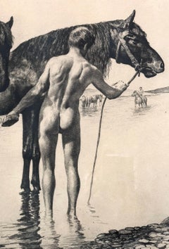 "Watering the Horses", Rare Print with Nude Males by Jahn, 1921
