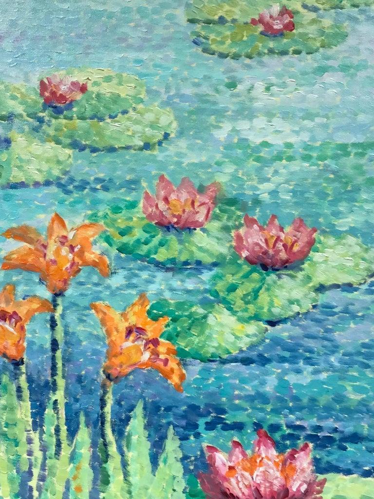 Waterlily Pond, Bright & Colorful French Pointillist Oil Painting In Excellent Condition For Sale In Cirencester, GB