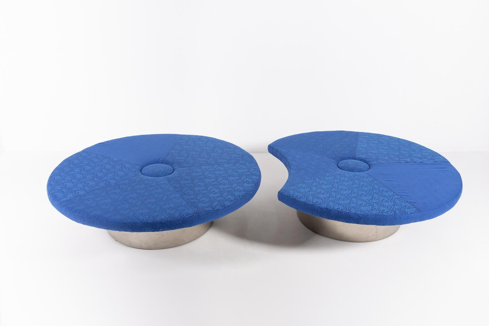 Two piece organically shaped seating islands ‘Waterlily’ from Troels Grum-Schwensen. Upholstered in blue cotton fabric, mounted on a stainless steel base. Made for Globe Zero 4. In height adjustable.

Condition
Good, later