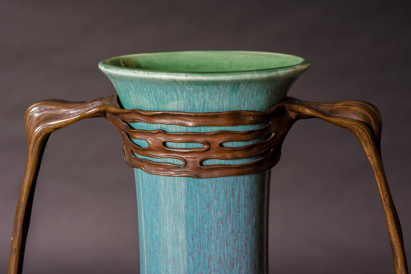Glazed Jugendstil Porcelain Waterlily Vase in Bronze Mount by Otto Eckmann For Sale