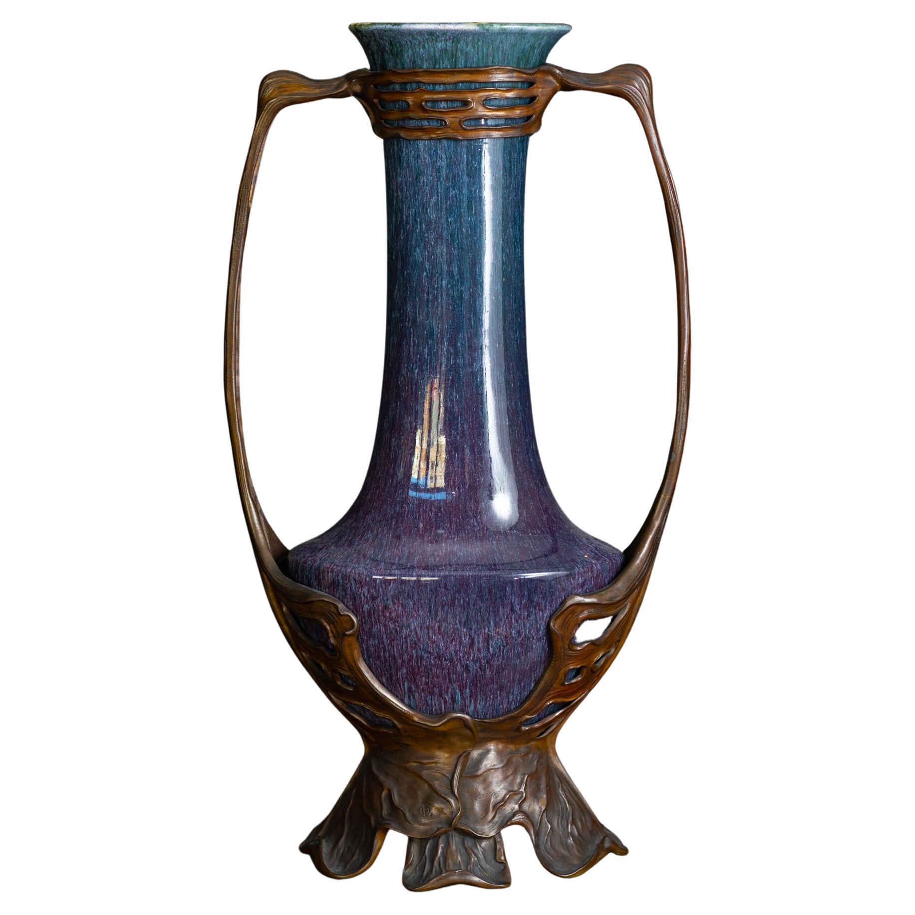 Jugendstil Porcelain Waterlily Vase in Bronze Mount by Otto Eckmann