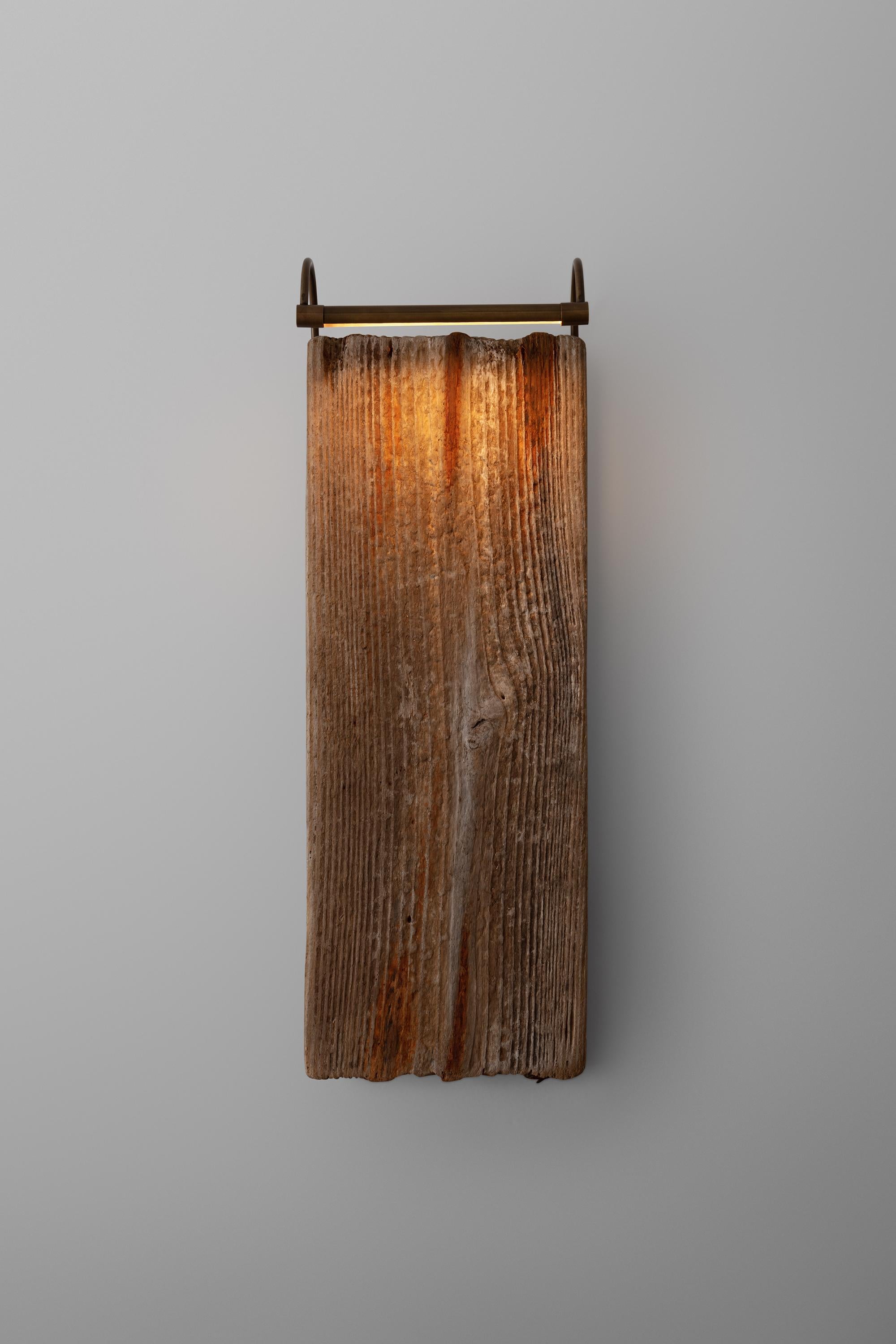 American Waterlogged, Found Wooden Sculpture with LED Sconce in Antique Finish For Sale