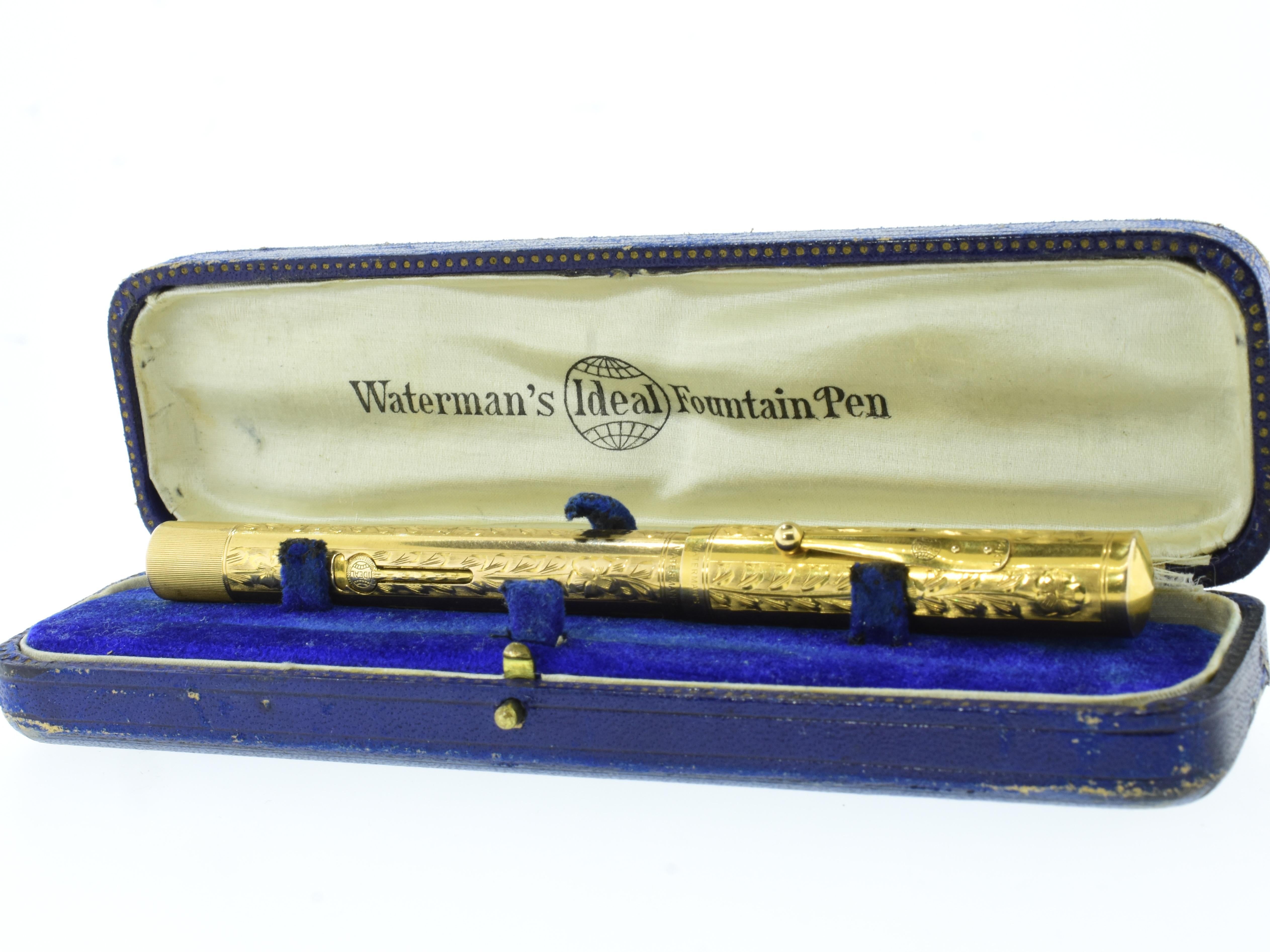 Stylo plume ancien Waterman's Ideal 14K, 585, en or, fabriqué au début du 20ème siècle, c. 1915.  Ce stylo plume est en très bon état et n'a probablement jamais été utilisé.  Il est livré avec la plume d'origine, les papiers d'origine qui étaient
