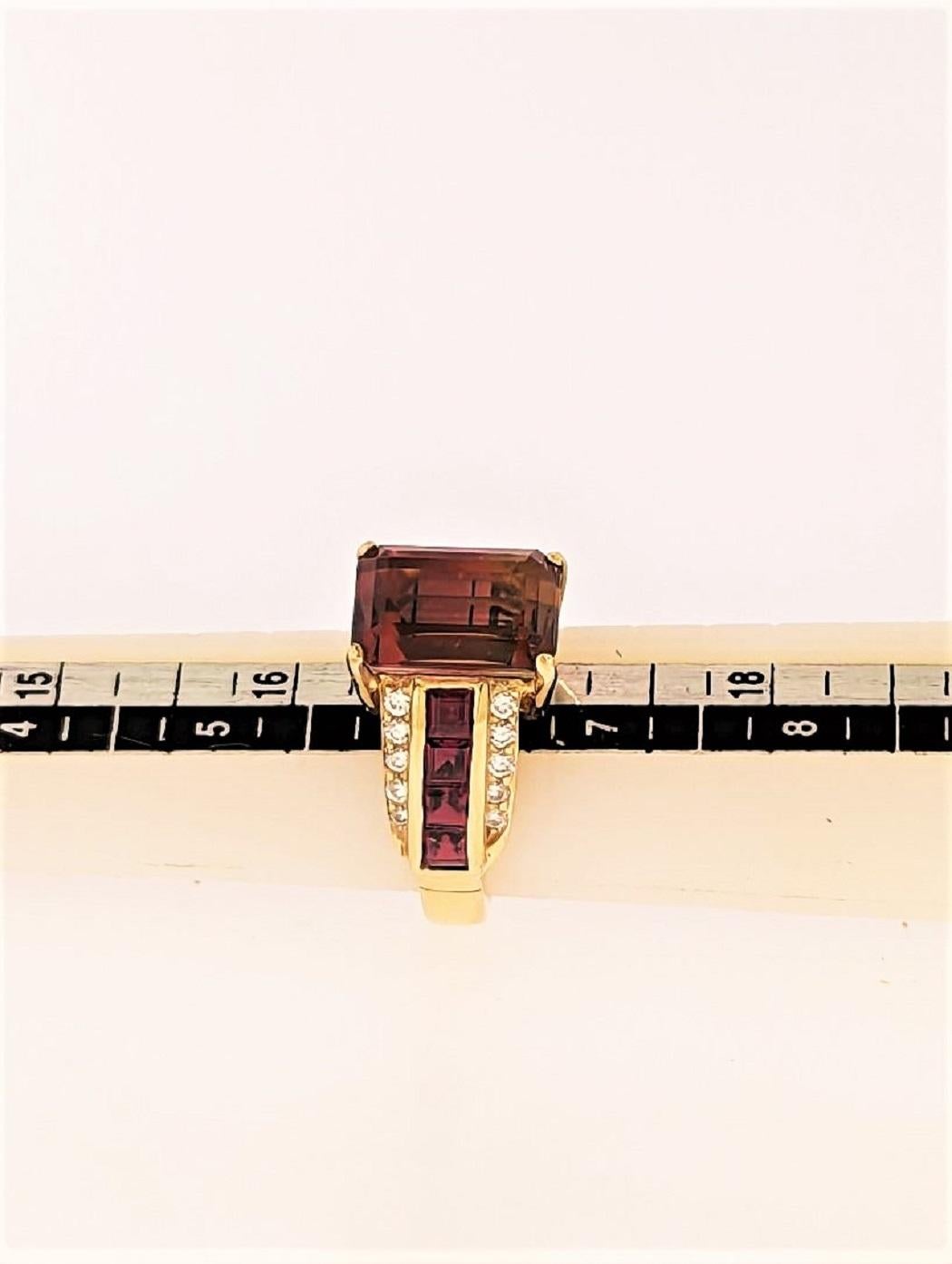 Art Nouveau Watermellon Tourmaline '6.96 + 0.61cts', Diamond '20=0.58cts' 18KY Gold Ring