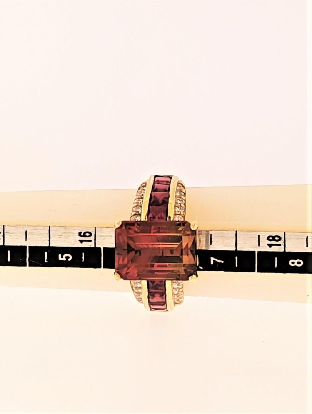 Emerald Cut Watermellon Tourmaline '6.96 + 0.61cts', Diamond '20=0.58cts' 18KY Gold Ring