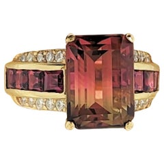 Watermellon Tourmaline '6.96 + 0.61cts', Diamond '20=0.58cts' 18KY Gold Ring