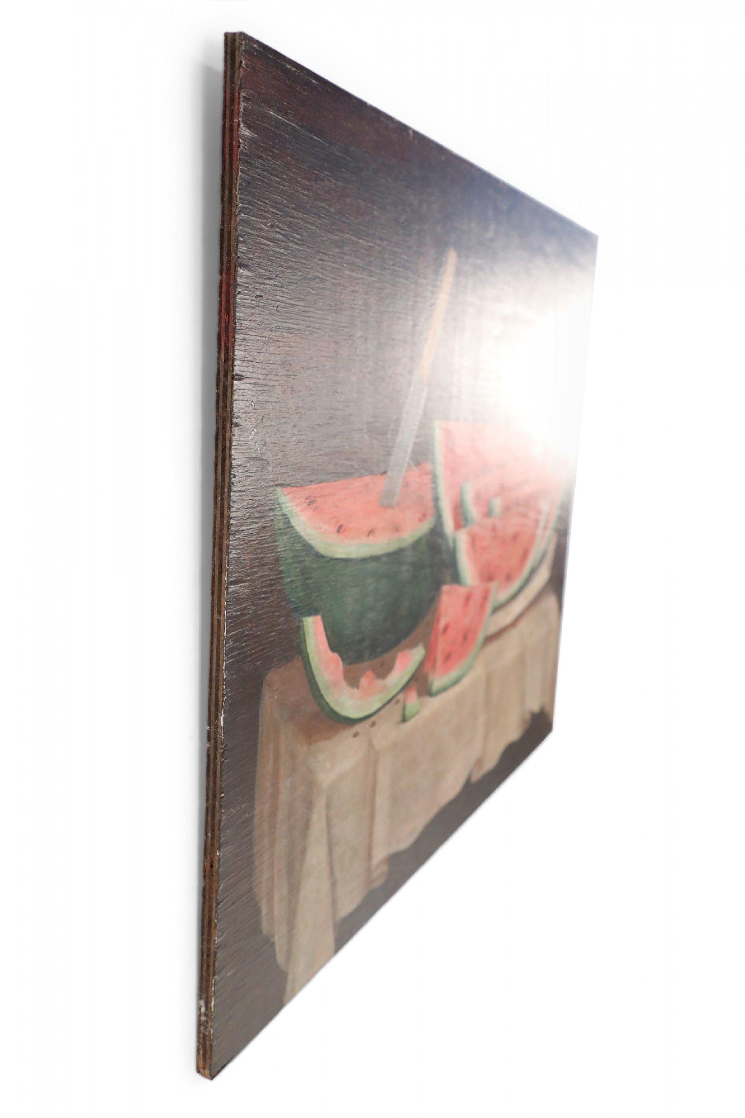 Vintage (20th Century) still life acrylic painting of sliced and eaten watermelon with a knife on a surface draped in beige cloth, painted on rectangular plywood.
 