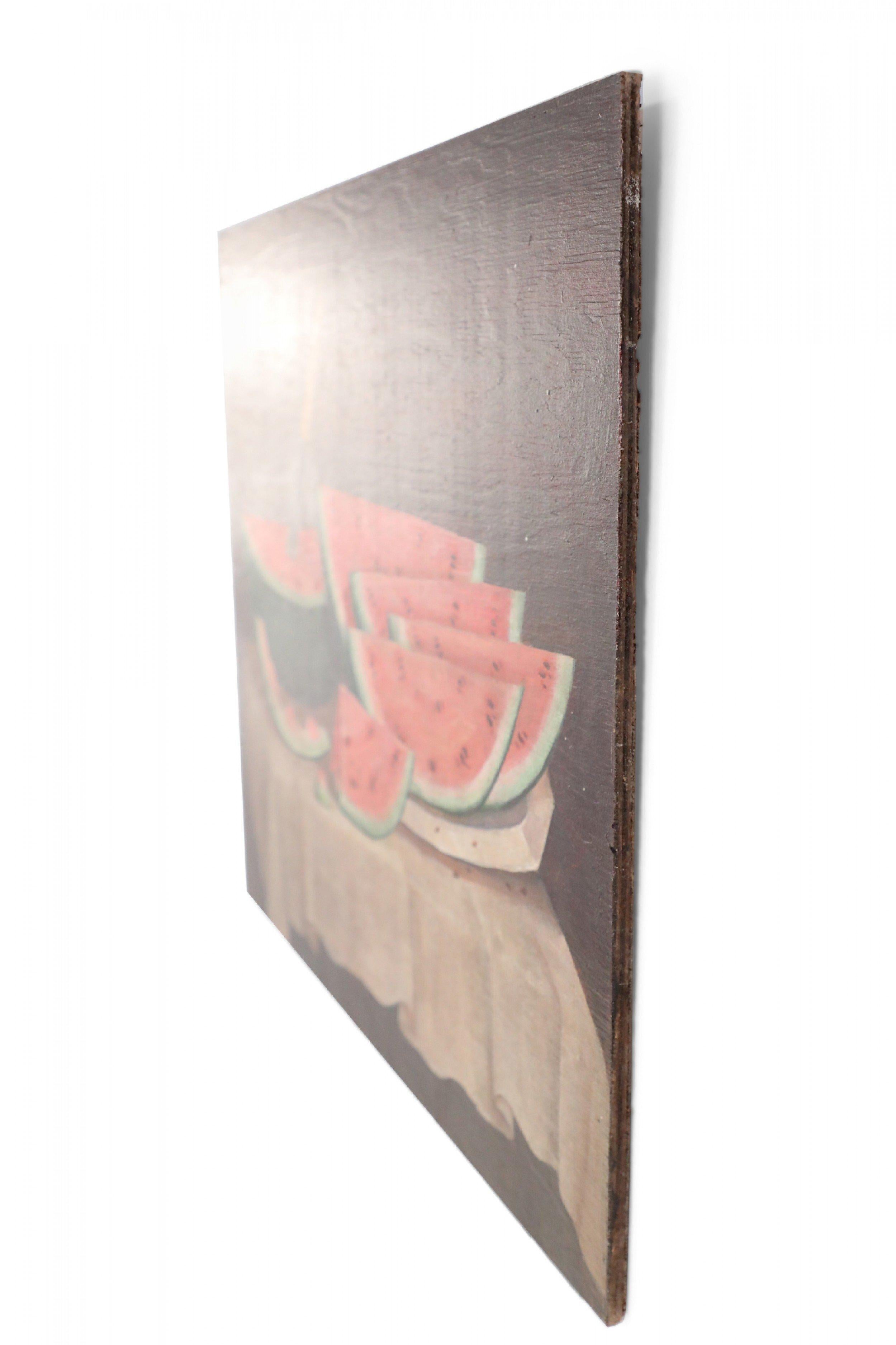 Mid-Century Modern Watermelon and Knife Still Life Painting on Wood For Sale